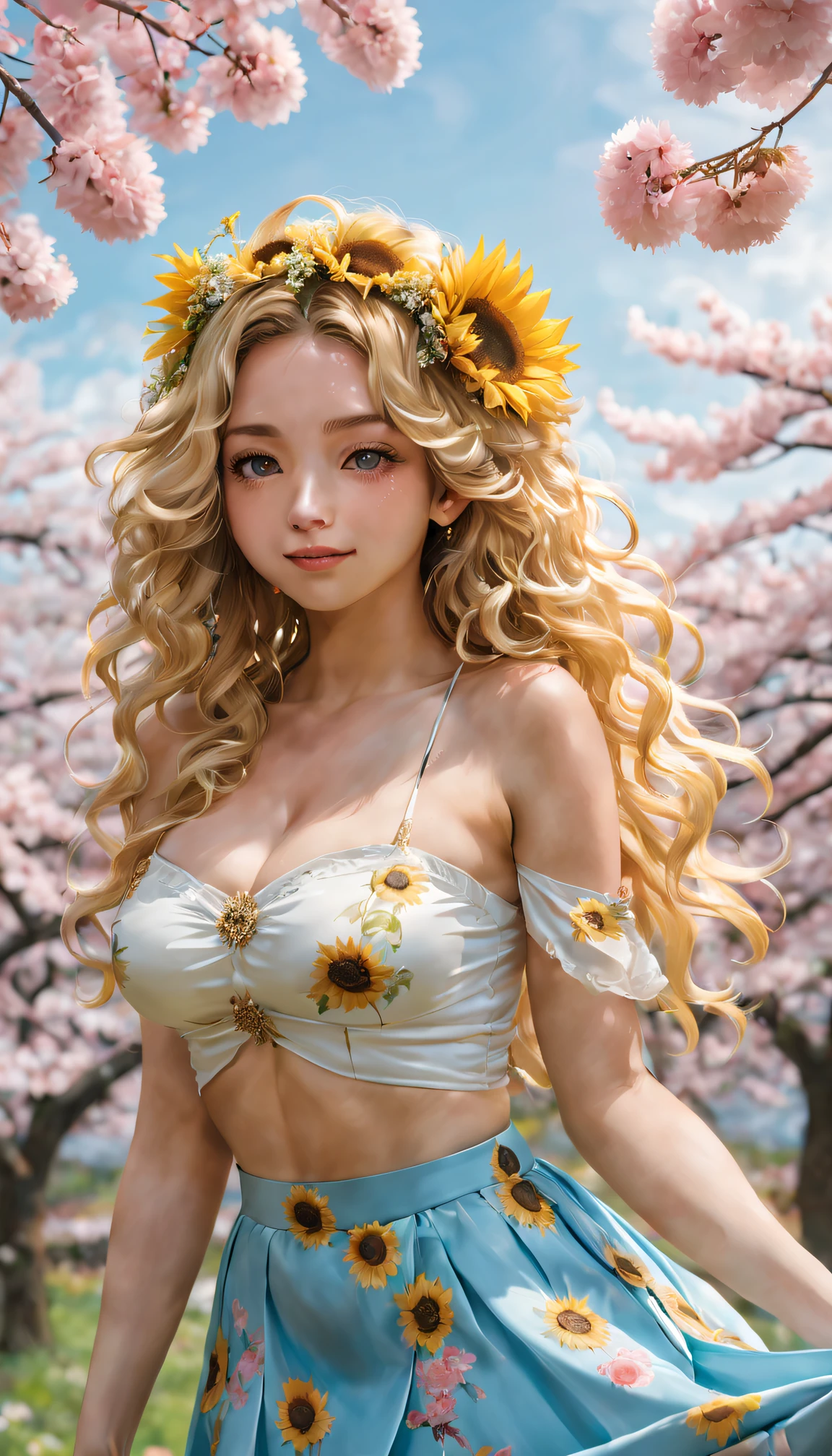 (golden sunflower art), like a dream, cherrie_blooming flower, fall_petals, petals, Branch, Pink_Flowers, 1 busty girl,20yr old, blue_sky sky, springtime_(seasons), petals_show on_liquids, Flowers, hanami, a skirt, (Long curly blonde hair：1.5),Wearing a garland,sky sky, Outdoor sports, cloud, through bangs, ssmile, Pink_eyed, Sakura white dresshoulder, ear nipple ring, fail_Flowers, ventania, that tree, lookingat_show on_Peek at viewers,cow boy shooting,Best quality,4K,8K,A high resolution,tmasterpiece:1.2,ultra - detailed,actual:1.37,[HighDynamicRange] [hyper HD],