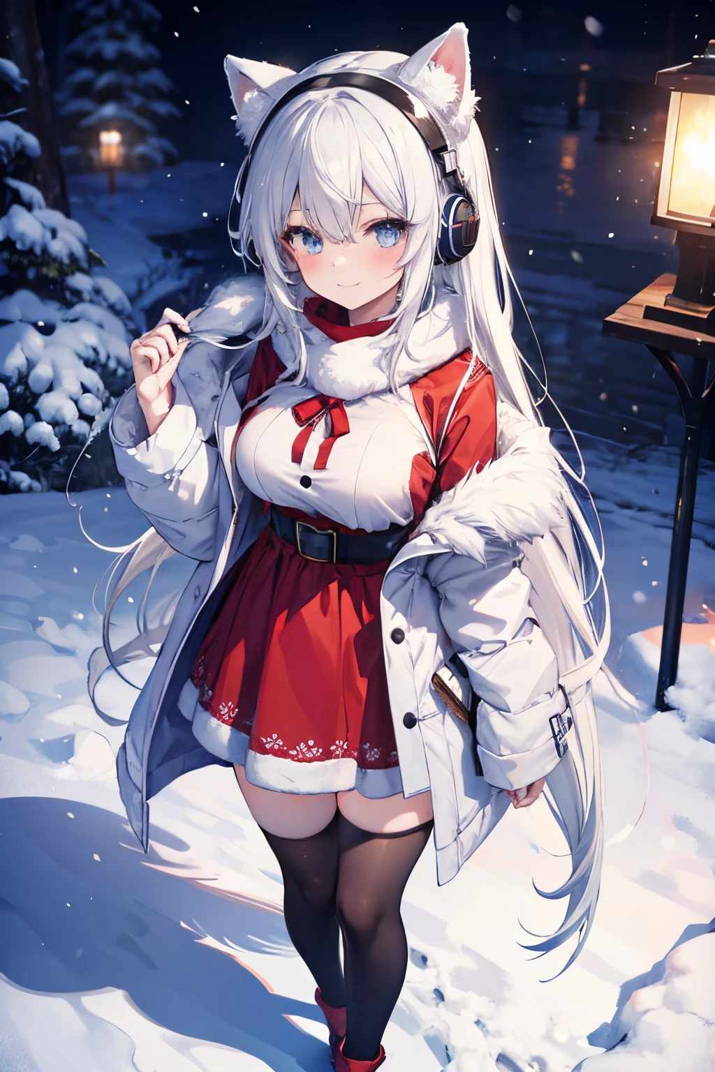 "anime girl, 1 person, silver white hair mixed with black, blue eyes, wearing headphones, Santa shirt, Santa outfit, Christmas outfit, winter outfit, red winter dress, big breasts,  long socks, standing cross-legged, smiling shyly, blushing, looking sideways, cold winter, snowing, suitable for Christmas gifts, Christmas, solo(full HD Image 4K+)"