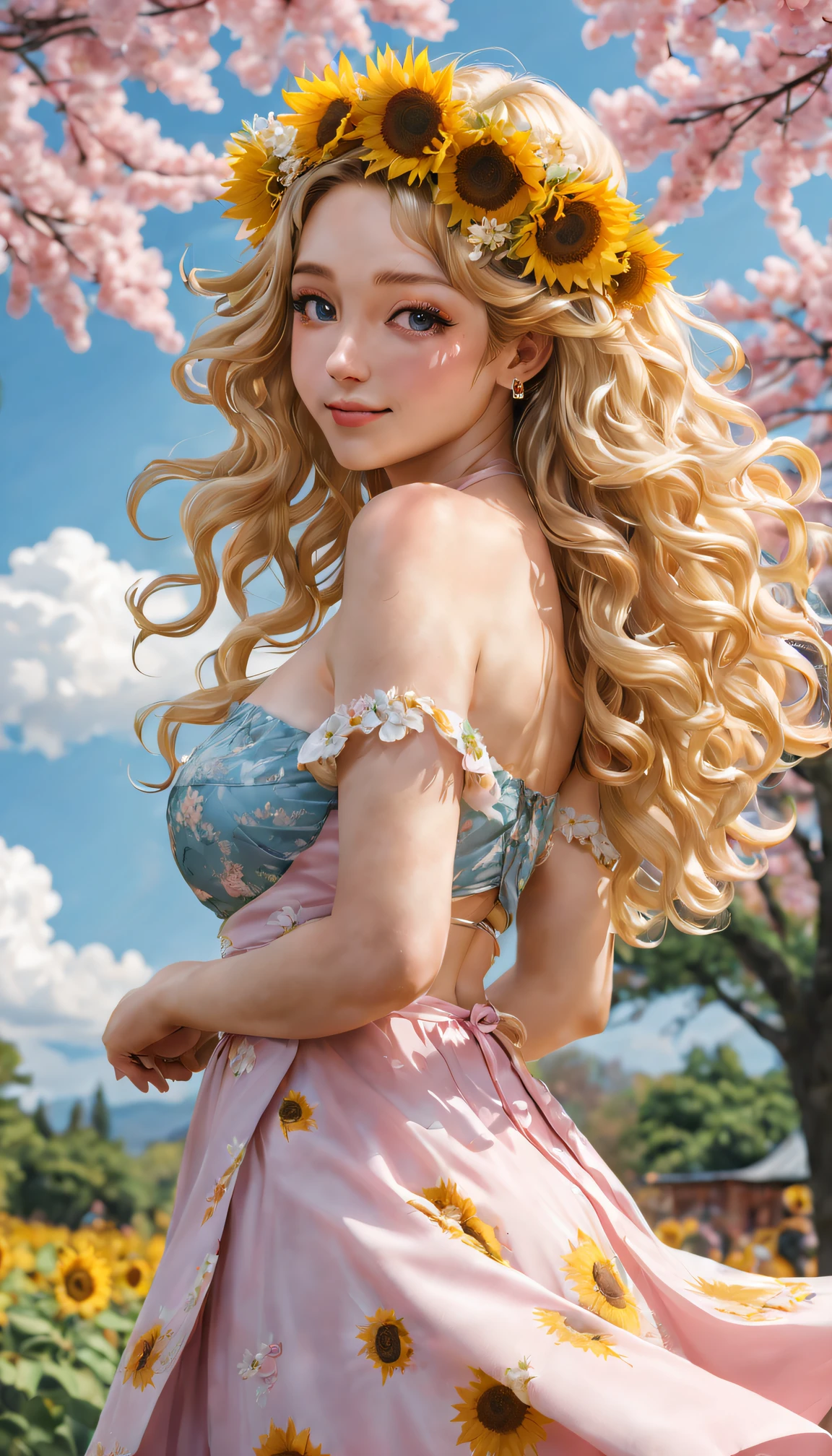 (golden sunflower art), like a dream, cherrie_blooming flower, fall_petals, petals, Branch, Pink_Flowers, 1 busty girl,20yr old, blue_sky sky, springtime_(seasons), petals_show on_liquids, Flowers, hanami, a skirt, (Long curly blonde hair:1.5),Wearing a garland,sky sky, Outdoor sports, cloud, through bangs, ssmile, Pink_eyed, Sakura white dresshoulder, ear nipple ring, fail_Flowers, ventania, that tree, lookingat_show on_Peek at viewers,cow boy shooting,