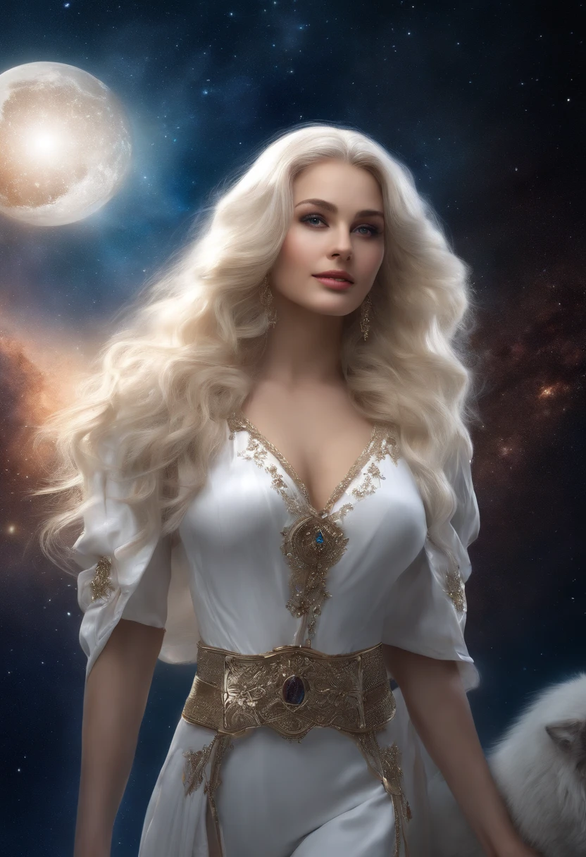 ((White wolf and girl)), (huge wolf), (huge white wolf guards a beautiful girl), movement, running, running along the milky way, blue eyes, White wolf fur glows with silver sparks, (Young girl, Very young), , (NSFW), blue eyes, hourglass figure, large breasts, wide buttocks, blonde goddess, seductive grin, smile, beautiful face, perfect white-haired girl, lips parted, blue eyes, blonde, very long curly hair , transparent clothes, transparent air payment, Silver collar, Silver belt, Silver sandals, Contented posture, cute seductive smile, beautiful blonde, Nice young girl, Nice viewing angle, Attractive pose, Cute girl, sexy pose, gorgeous blonde, Full image height, Full-length image, ((Orion Nebula background)), Starry sky background, Two moons, Orion Nebula, milky way at feet, professional, (4k photo:1.1) in front, (sharp focus:1.3), high level of detail , cabbie (Low shirts:1.2), Beautiful detailed face, brown eyes, long blonde hair, (attractive young woman:1.3), (seductive:1.1), (Paint:1.1), (masterpiece: 1.5) (photorealistic: 1.1) (bokeh) (best quality) (Detailed skin texture, Pores, hair: 1.1) (intricate) (8K) (HDR) (Wallpaper) (cinematic lighting) (Sharp focus)