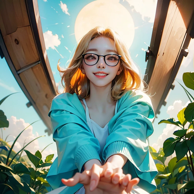 ( Masterpiece, best quality , shot from below , 75mm lens, fisheye:1.2 ), ((pov from below:1.4)), (( beautiful, luxurious, greenhouse dome:1.5, glass panels, plants of colours, vibrant , extreme high detailed, intricate details )). ( 1woman_/(kimtaeyeon/), narrow face, strong jaw, [plump cheeks], transparent glasses, dark hair with blonde highlights, loving smile, beautiful eyes, caring smile, wearing beach summer ootd ), ( cinematic lighting, backlit, soft light)