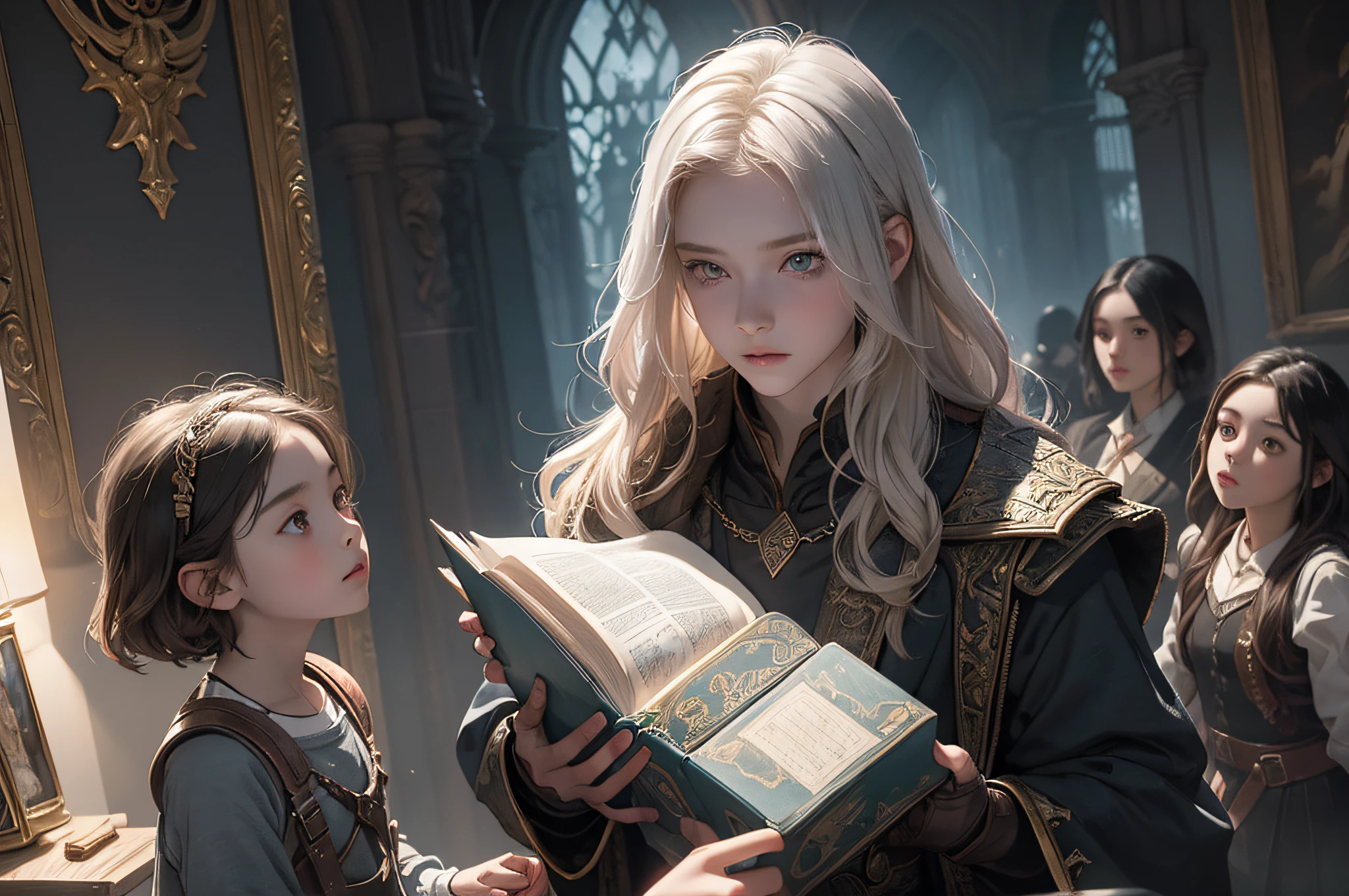 a young boy wizard with a group of young school--girls, male, pale skin, skinny, adventurer, fantasy outfit , ,enface, masterpiece,stablediffusion , detailed face and eyes, , manga book, wizard, group of young girls, dark colors