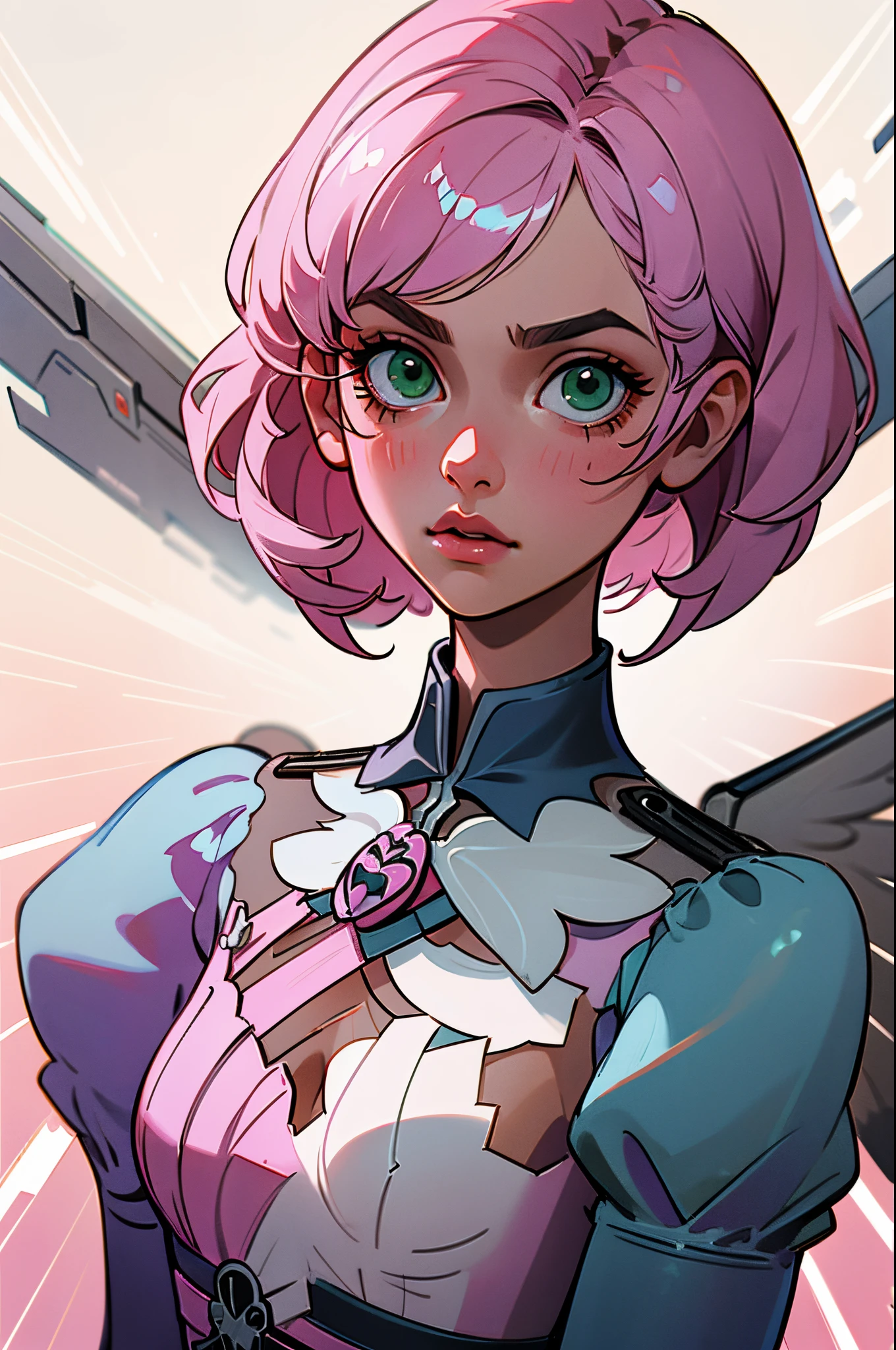Alisa bosconovitch, melhor qualidade, contemporary, estilo plano, minimalismo, Green Eyes Flat Illustration, cabelo rosa, cabelo curto, cabelos multicoloridos, Camisa Preta, mechanical wings, Head Portrait Close-U, peito pontudo, decote, super decote, middlebreasts, Tekken,cabelo rosa pastel, 1girl, em quimono, hand-painted,Desenho de linha sem cor, Tekken Alisa Bosconovich pink lips, no estilo da paleta de cores suave aurorapunk, an anime illustration of his face, gifs animados, hand drawn animation, charming sketches, suave e brilhante, romantismo nebuloso, estilo superflat, fundo branco - ar 1:1 - niji 5 - estilo expressivo --s 50