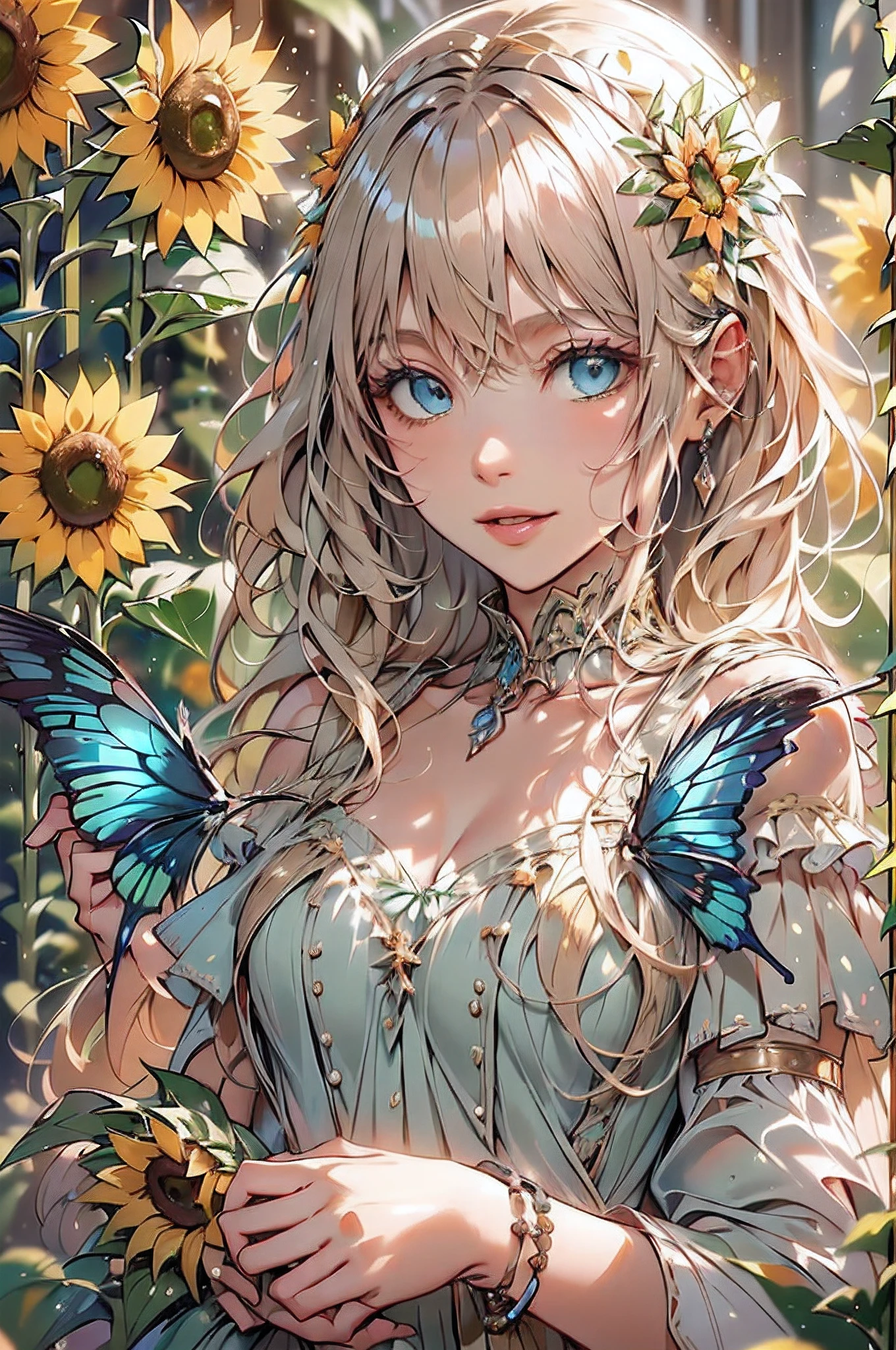 high details, best quality, 16k, RAW, [best detailed], masterpiece, best quality, (extremely detailed), GlowingRunes_red, full body, ultra wide shot, photorealistic, fantasy art, RPG art, D&D art, a picture of a fairy selling sunflowers in a florist shop, extremely beautiful fairy, ultra feminine (intense details, Masterpiece, best quality), butterfly wings (intense details, Masterpiece, best quality), blue and green wings (intense details, Masterpiece, best quality), light pink hair, long hair, shinning hair, flowing hair, shy smile, innocent smile, blue eyes, wearing bright skirt, dynamic elegant shirt, chocker, wearing high heels, in flower shop (intense details, Masterpiece, best quality), extreme many (sunflowers: 1.3) (intense details, Masterpiece, best quality), sunflower shop in a modern era street, High Detail, Ultra High Quality, High Resolution, 16K Resolution, Ultra HD Pictures, Ultra Realistic, Clear Details, Realistic Detail, Ultra High Definition