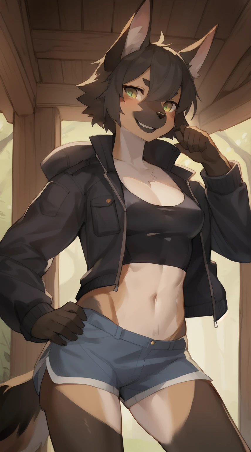 独奏, (A  girl:1.2), , eye liner, lips, Short shorts, Jacket with long sleeves, Adventure Clothing, dnd, Author: Bebebebebe, Belgian Shepherd Groenendael, black fur color, Fluffy, Black lip gloss, Short Hair Hair, small waist, wide hips, Slim, the perfect body, The dominant point of view, predatory smile, Showcasing Your Muscles,