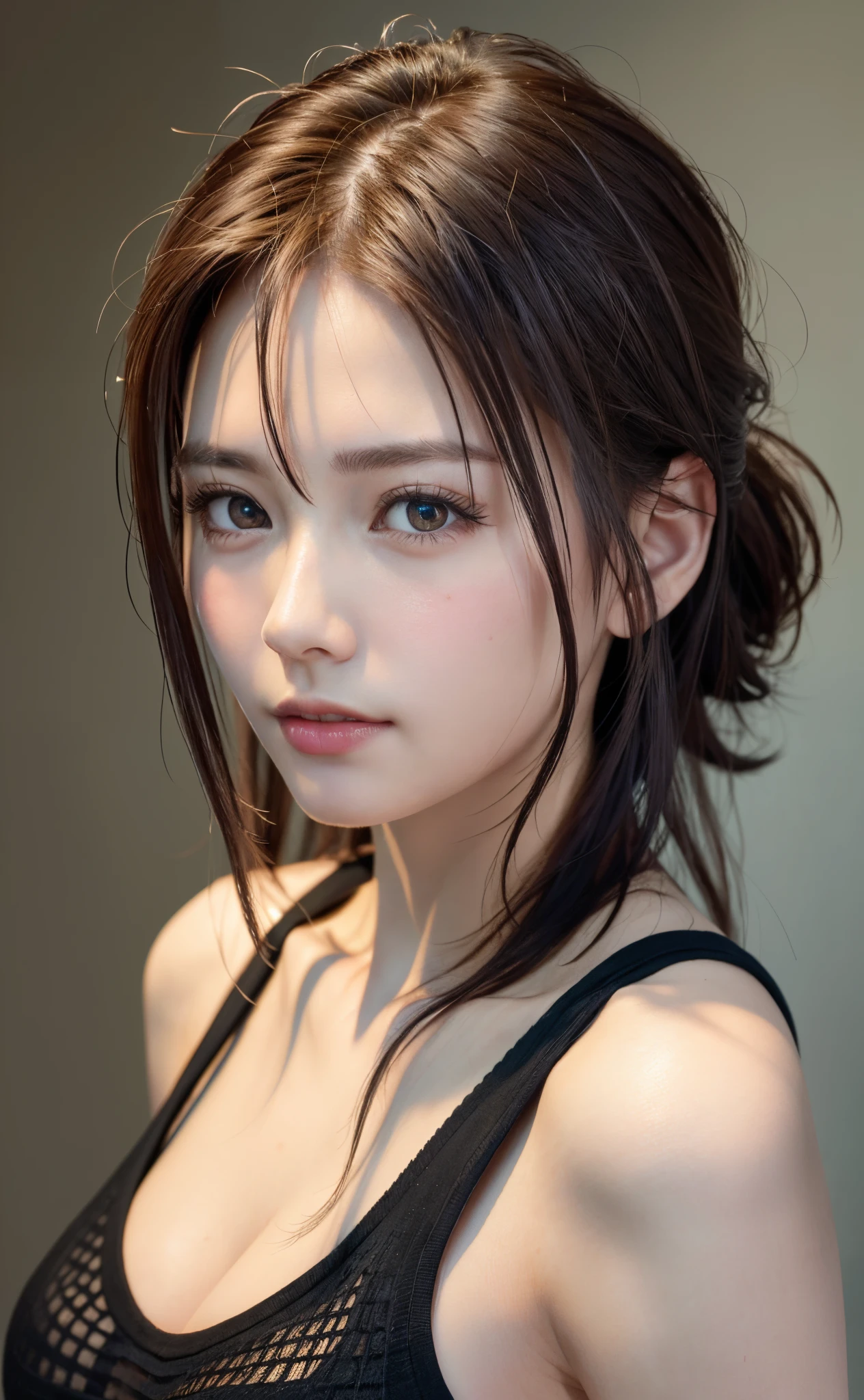 (8K, Photorealistic, Raw photo, of the highest quality: 1.3), (1girl in), Super beautiful, (Realistic face), (boyish, Silver Color Berry Shorthair), Beautiful , Glare that captivates the viewer, Beautiful expression, Beautiful breasts, (Realistic skin), Be...