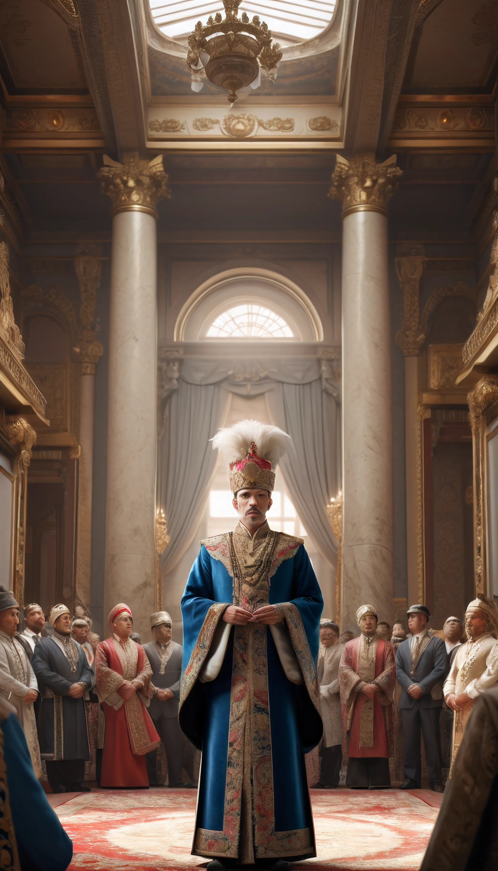 A prominent figure in elaborate clothing stands in the center, addressing an audience of men dressed in various styles of traditional clothing. The room is grand with architectural details suggesting a palace or significant building. The atmosphere is solemn and respectful, indicating a formal event or announcement. high quality, hyper-realistic with neutral face high detailed full HD realistic image, focus on every one, studio , smooth skin, 8k