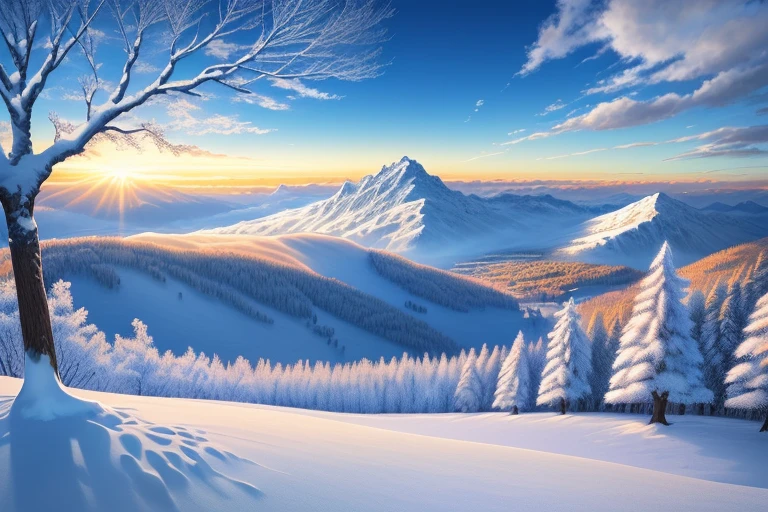 (Best quality at best, tmasterpiece) The beautiful, snow landscape, The warm, Morning sun, another winter tree,Continuous mountainright color, bright, blue-sky, covered by clouds, spirit of hope, calm and peaceful scenery.
