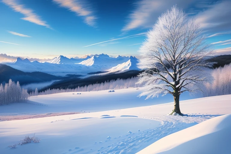 (Best quality at best, tmasterpiece) The beautiful, snow landscape, The warm, Morning sun, another winter tree,Continuous mountainright color, bright, blue-sky, covered by clouds, spirit of hope, calm and peaceful scenery.