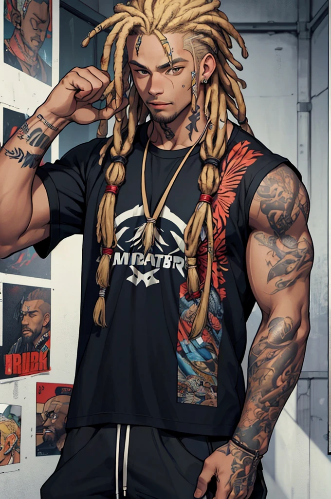 green:1.5, orange:1.1, white:1.3, yellow:1.3, (rapper with dread hair),tattoos, (power puffer clothes:1.2),abstract lines and circles background