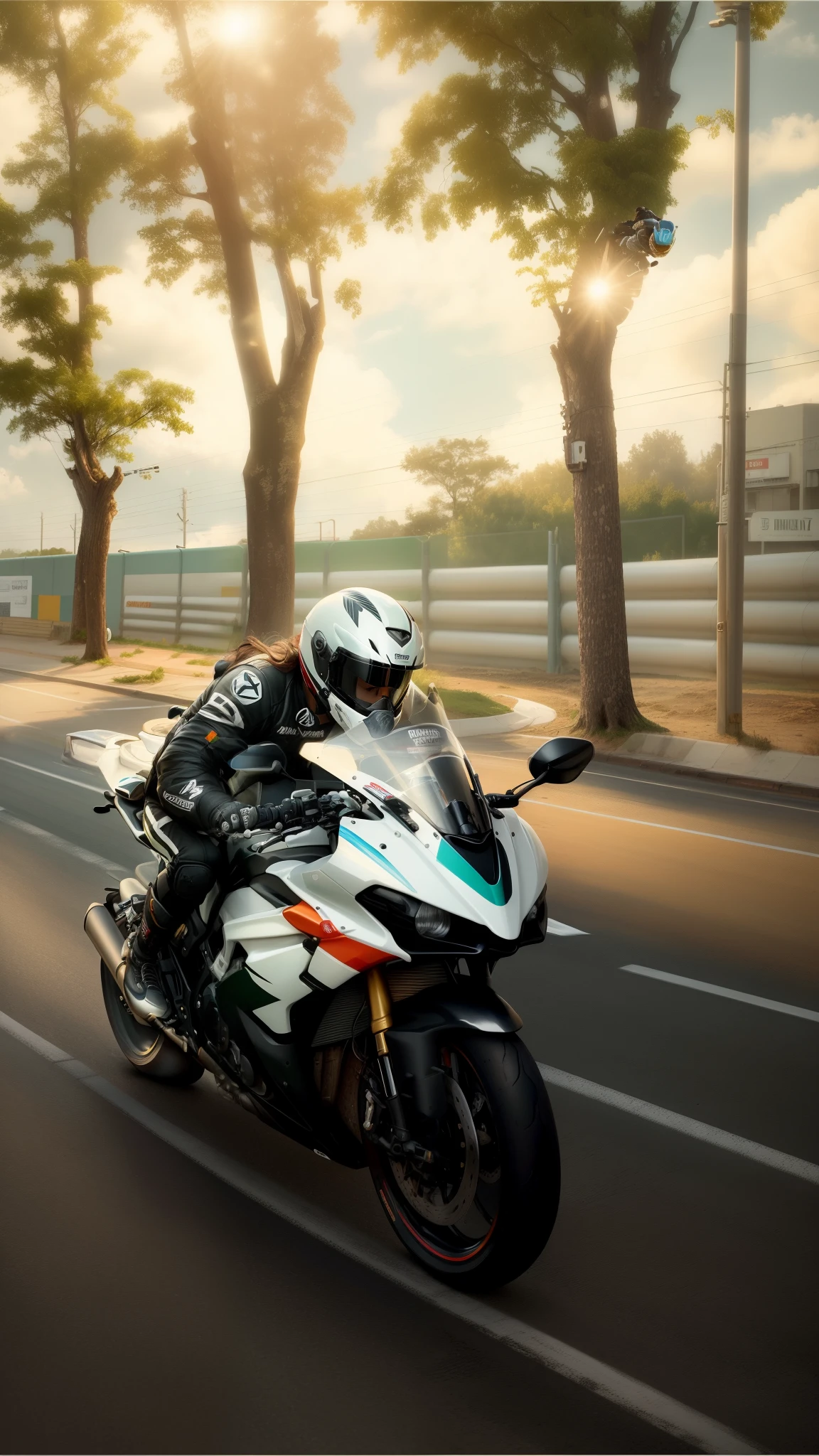 (RAW, Best quality, high resolution, masterpiece: 1.3) ,a man riding a motorcycle on the street, riding on the road, r6, without helmet, riding a motorcycle, 3 6 0 capture, motorbiker, wheelie, raziel irl, frontshot, at racer track, gif, riding a motorbike down a street, motorcycle, front on, riding, unreal enging, helmet view