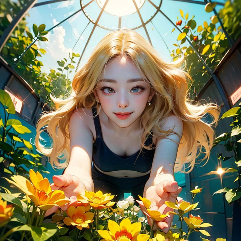 ( Masterpiece, best quality , shot from below , 75mm lens, fisheye:1.2 ), ((pov from below:1.4)), (( beautiful, luxurious, greenhouse dome:1.5, glass panels, plants of colours, vibrant , extreme high detailed, intricate details )). ( 1woman_/(kimtaeyeon/), narrow face, strong jaw, [plump cheeks], transparent glasses, dark hair with blonde highlights, loving smile, beautiful eyes, caring smile, wearing beach summer ootd ), ( cinematic lighting, backlit, soft light)