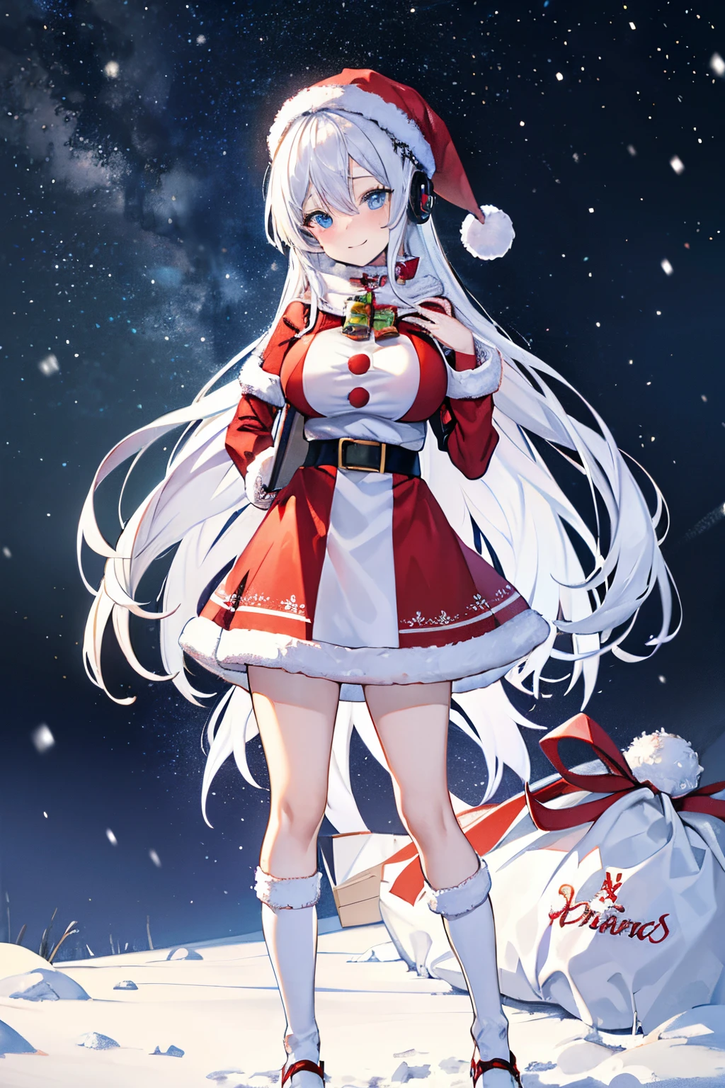 "anime girl, 1 person, silver white hair mixed with black, blue eyes, wearing headphones, Santa shirt, Santa outfit, Christmas outfit, winter outfit, red winter dress, big breasts,  long socks, standing cross-legged, smiling shyly, blushing, looking sideways, cold winter, snowing, suitable for Christmas gifts, Christmas, solo(full HD Image 4K+)"