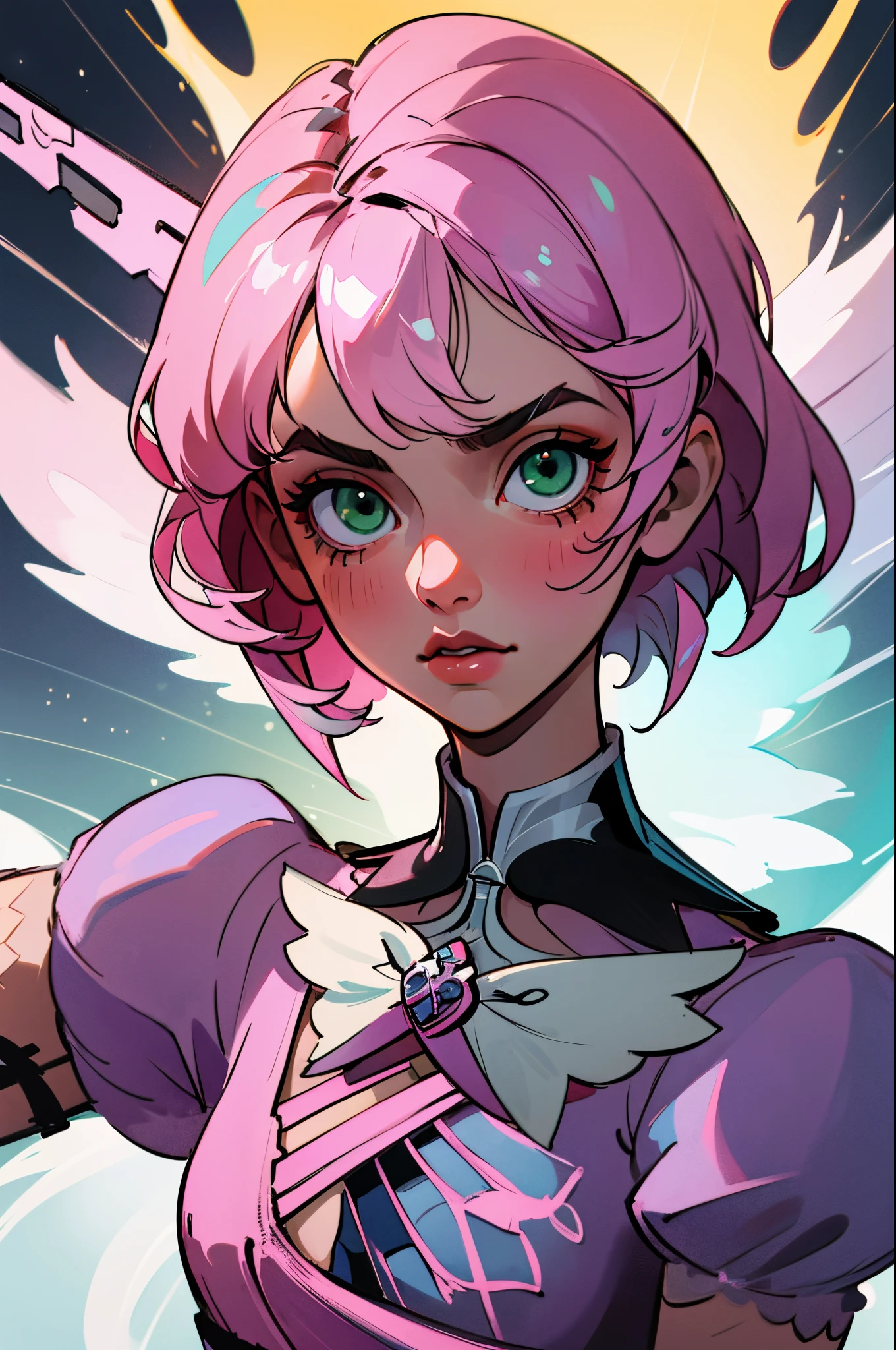 Alisa bosconovitch, melhor qualidade, contemporary, estilo plano, minimalismo, Green Eyes Flat Illustration, cabelo rosa, cabelo curto, cabelos multicoloridos, Camisa Preta, mechanical wings, Head Portrait Close-U, peito pontudo, decote, super decote, middlebreasts, Tekken，cabelo rosa pastel, 1girl, em quimono, hand-painted，Desenho de linha sem cor, Tekken Alisa Bosconovich pink lips, no estilo da paleta de cores suave aurorapunk, an anime illustration of his face, gifs animados, hand drawn animation, charming sketches, suave e brilhante, romantismo nebuloso, estilo superflat, fundo branco - ar 1:1 - niji 5 - estilo expressivo --s 50