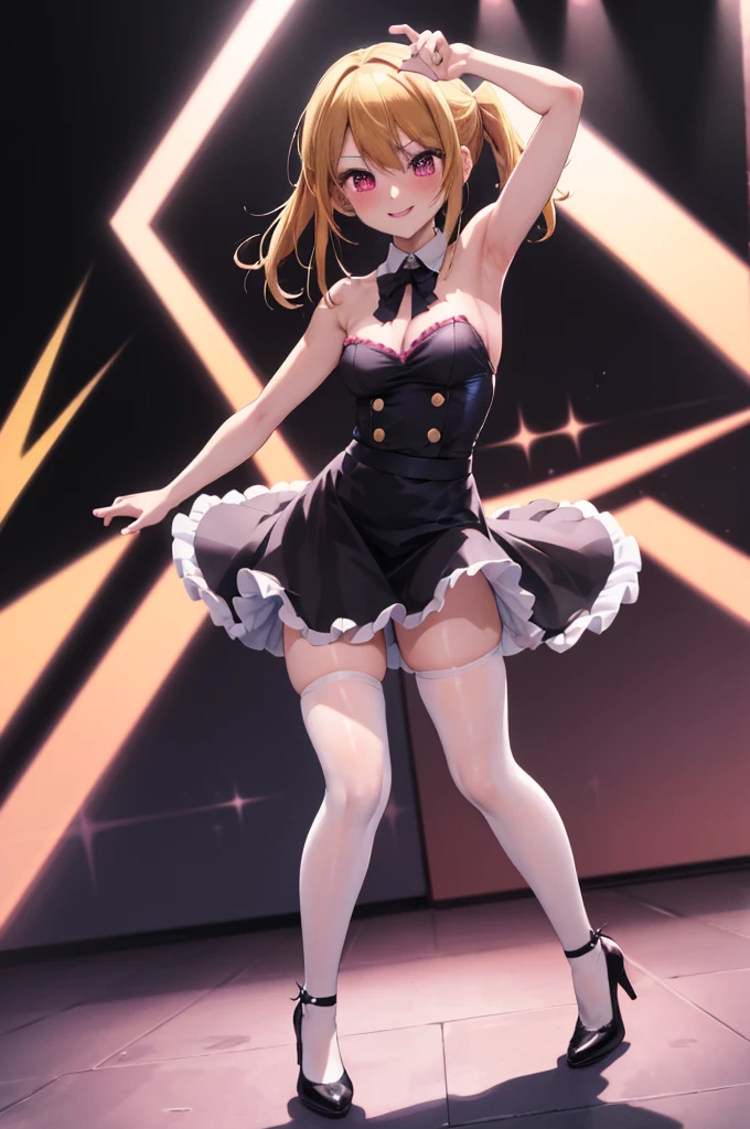 anime, beautiful face, highly detailed face, detailed perfect eyes, perfect hair, perfect lips, accurate arms, accurate hands, perfect legs accurate footware. highly detailed background, front lighting, perfect lighting, full body, 1girl, solo, ruby hoshino, ruby, oshi no ko, heels, blonde hair, thighhighs, stockings, absurdres, high res, ultrasharp, 8K, masterpiece, looking at viewer, (sexy pose:1.5), (full body:1.5), idol outfit, idol, revealing idol, skirt, cleavage, stockings, dynamic pose, full of delight, smiling full of compassion, blushed, on a stage, concert, performing on stage, cute gestures