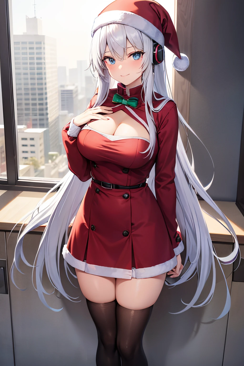 "anime girl, 1 person, silver white hair mixed with black, blue eyes, wearing headphones, Santa shirt, Santa outfit, Christmas outfit, winter outfit, red winter dress, big breasts,  long socks, standing cross-legged, smiling shyly, blushing, looking sideways, cold winter, snowing, suitable for Christmas gifts, Christmas, solo(full HD Image 4K+)"