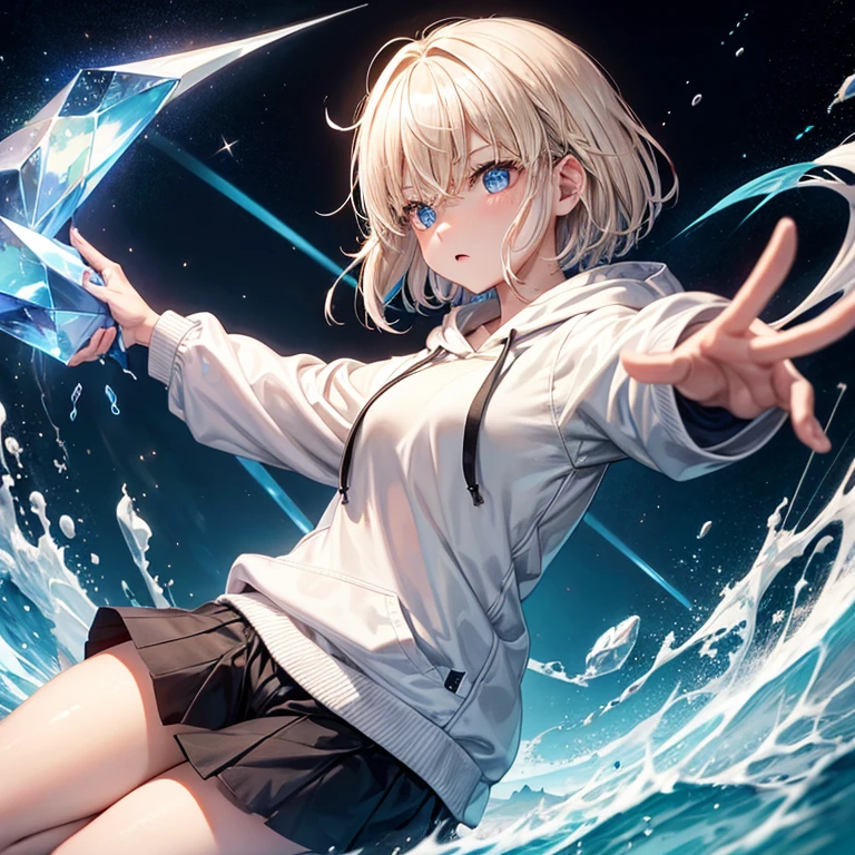 short-hair、cream colored Hair、Black hoodie、blue eyess、(railgun)、crystalline、Neutral face、Stretched thread、