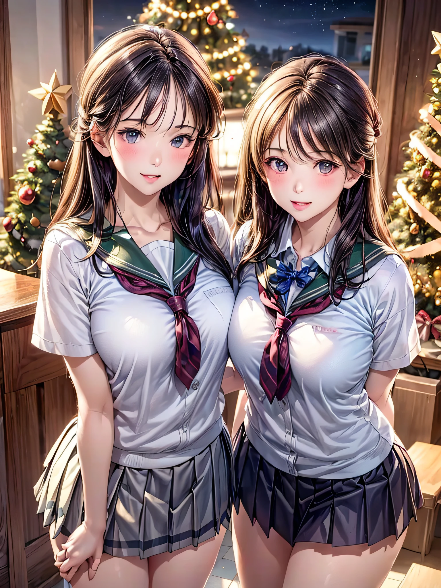 (2girls:1.4), Extremely cute, amazing face and eyes beautiful nice smile), (extremely detailed beautiful face), bright and shiny lips, (School uniform, Pleated skirt:1.3), (Best Quality:1.4), (hyper quality), (Ultra-detailed), (Hyper-realistic, Photorealsitic:1.37), Authentic skin texture, intricate-detail, extremely detailed CG unified 8k wallpaper, RAW Photos, professional photograpy, Cinematic lighting, Exposing, Christmas tree, Christmas Ornaments, Christmas Decorations, Christmas Lights, Christmas Lights,