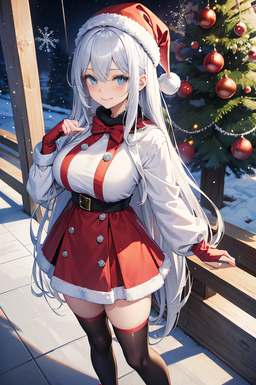 "anime girl, 1 person, silver white hair mixed with black, blue eyes, wearing headphones, Santa shirt, Santa outfit, Christmas outfit, winter outfit, red winter dress, big breasts,  long socks, standing cross-legged, smiling shyly, blushing, looking sideways, cold winter, snowing, suitable for Christmas gifts, Christmas, solo(full HD Image 4K+)"