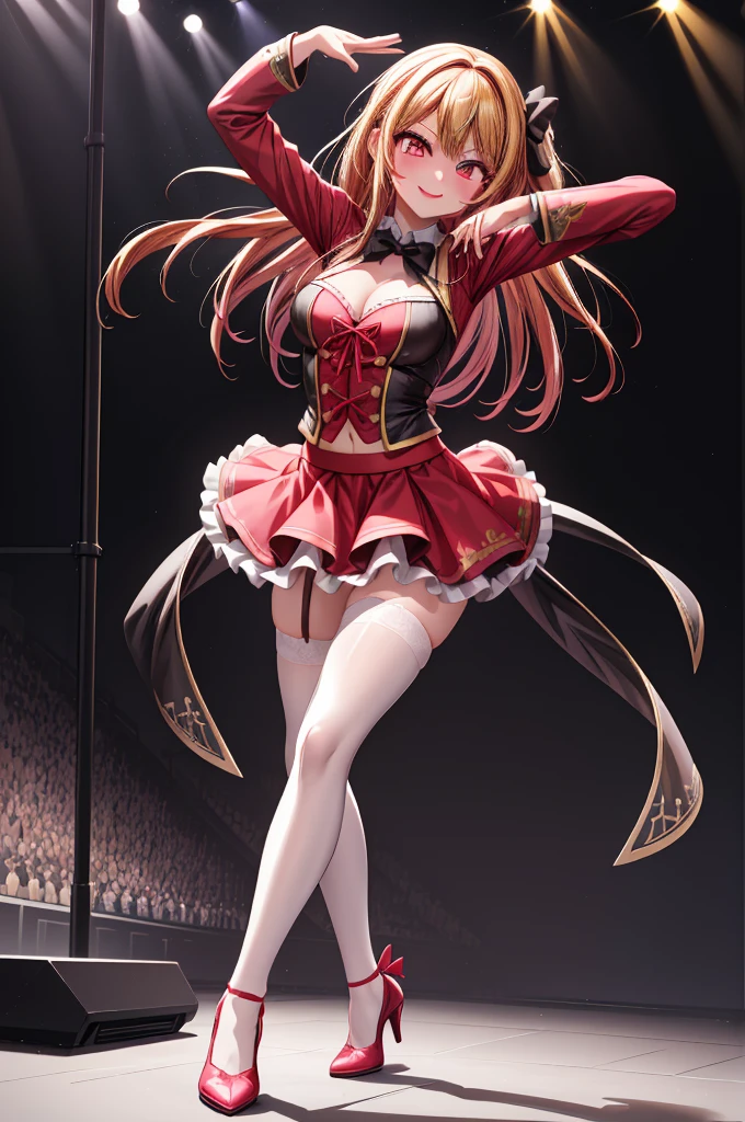 anime, beautiful face, highly detailed face, detailed perfect eyes, perfect hair, perfect lips, accurate arms, accurate hands, perfect legs accurate footware. highly detailed background, front lighting, perfect lighting, full body, 1girl, solo, ruby hoshino, ruby, oshi no ko, heels, blonde hair, thighhighs, stockings, absurdres, high res, ultrasharp, 8K, masterpiece, looking at viewer, (sexy pose:1.5), (full body:1.5), idol outfit, idol, revealing idol, skirt, cleavage, stockings, dynamic pose, full of delight, smiling full of compassion, blushed, on a stage, concert, performing on stage, cute gestures