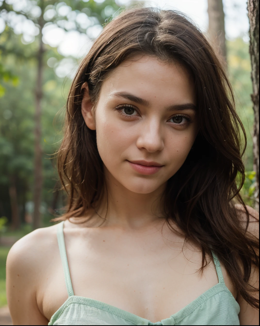 (Best quality, Ultra-detailed: 1.5), Cinematic portrait of two brunette women, best friends, in denim dresses, radiant with happiness, effortlessly cuddling, wavy hair cascading down their shoulders, perfect bodies sculpted with grace, perfect hands delicately touching, set against the backdrop of a serene forest, sunbeams filtering through the foliage, (Partially blurred background: 0.5), vibrant colors, lush greenery, (Full face view, close-up: 1.4), photorealistic, nature-inspired makeup, soft lighting, mutual admiration, summer breeze whisper