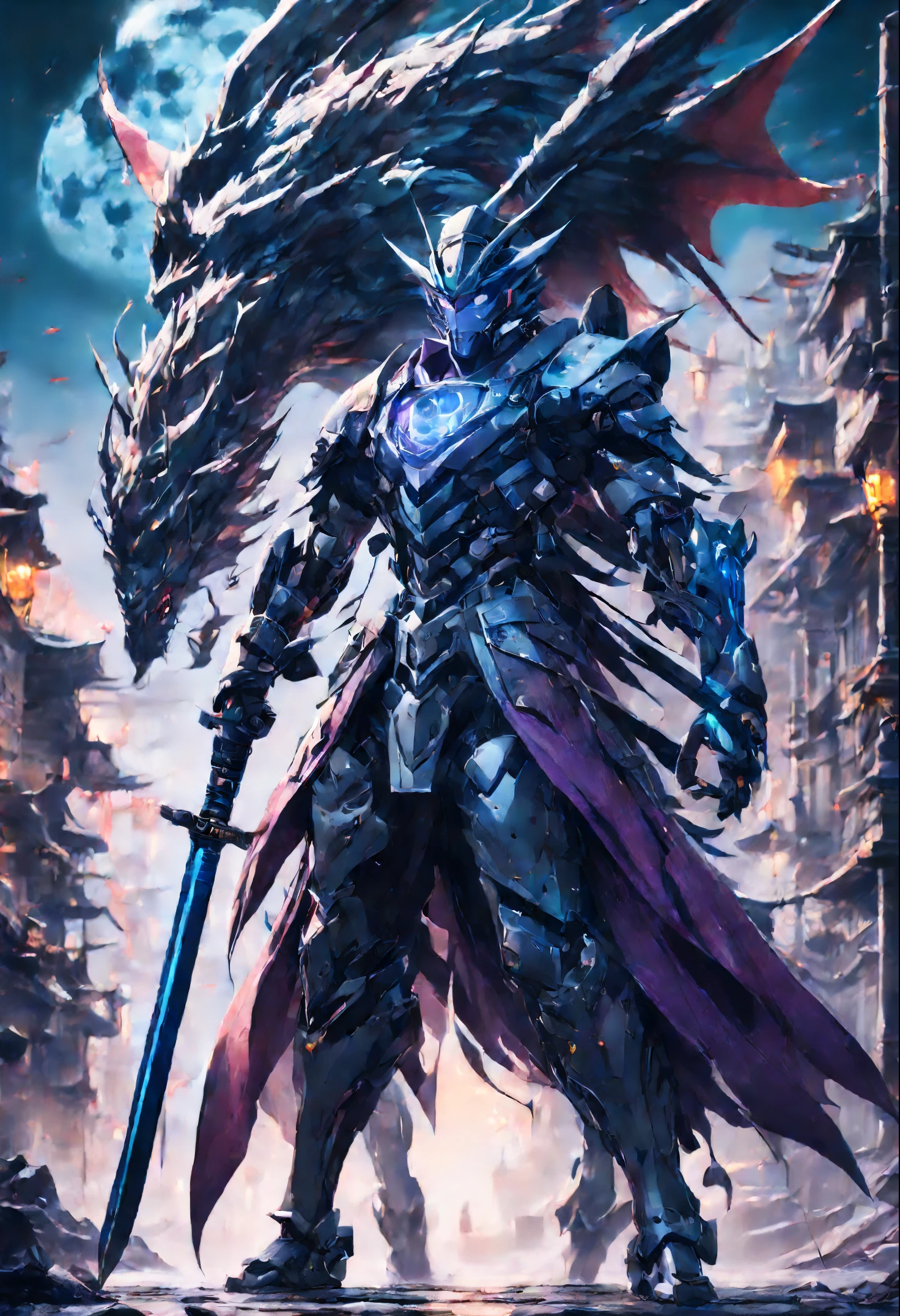 (((theatrical))), (((Gritty))), (((drastic)))) Movie poster features a Anime robot, blue character, on top of the temple, in front of a giant full moon, holding a katana sword in a dragon sheath, the sword has fire, Stocky, as central character. She stands confidently in the center of the poster, wearing a stylish and edgy outfit，The look on his face was determined. Background dark and gritty, with a sense of danger and intensity. Text bold and eye-catching, Plus catchy slogans，Adds to the overall drama and excitement. The color palette dominated by dark colors, Dotted with bright colors, Give posters dynamic visual impact, standing drawing magazine:1.3), (Cover type:1.3), stylishly, sweetheart, A vibrant one, full clothing, placed in a, street frontage, Colorful, dynamic, Background with, element in, self-assured, Be expressive, fail, statement, Attachment, Majestic, coiled, Floor plan about the, Touch, Scenes, text, Overwritten, Fearless, attention-grabbing, titles, Fashionab, typeface, Catchy, titles, bigger, attention-grabbing, modern, Uptrend, Focused, fashionably, fond violet