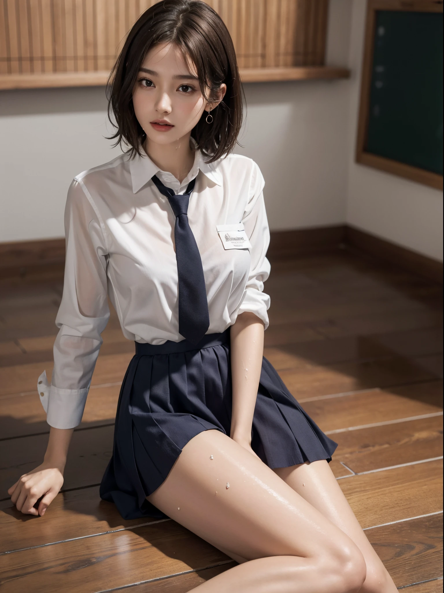absurdres, RAW photo, extremely delicate and beautiful, masterpiece, Best Quality, ultra high resolution, 16k, hyperrealistic, ultra-detailed, perfect anatomy, super Detailed skin, perfect figure, Very detailed CG 8k wallpaper, in her 20s, very Slim body, narrow waist, very small head, very small face, delicate facial features, tearful mole, earring, thin legs, very huge round breasts, full body shot, bare legs, short hair, wavy hair, light brown hair, 1 girls, (wet), ((school uniform)), dress shirt,