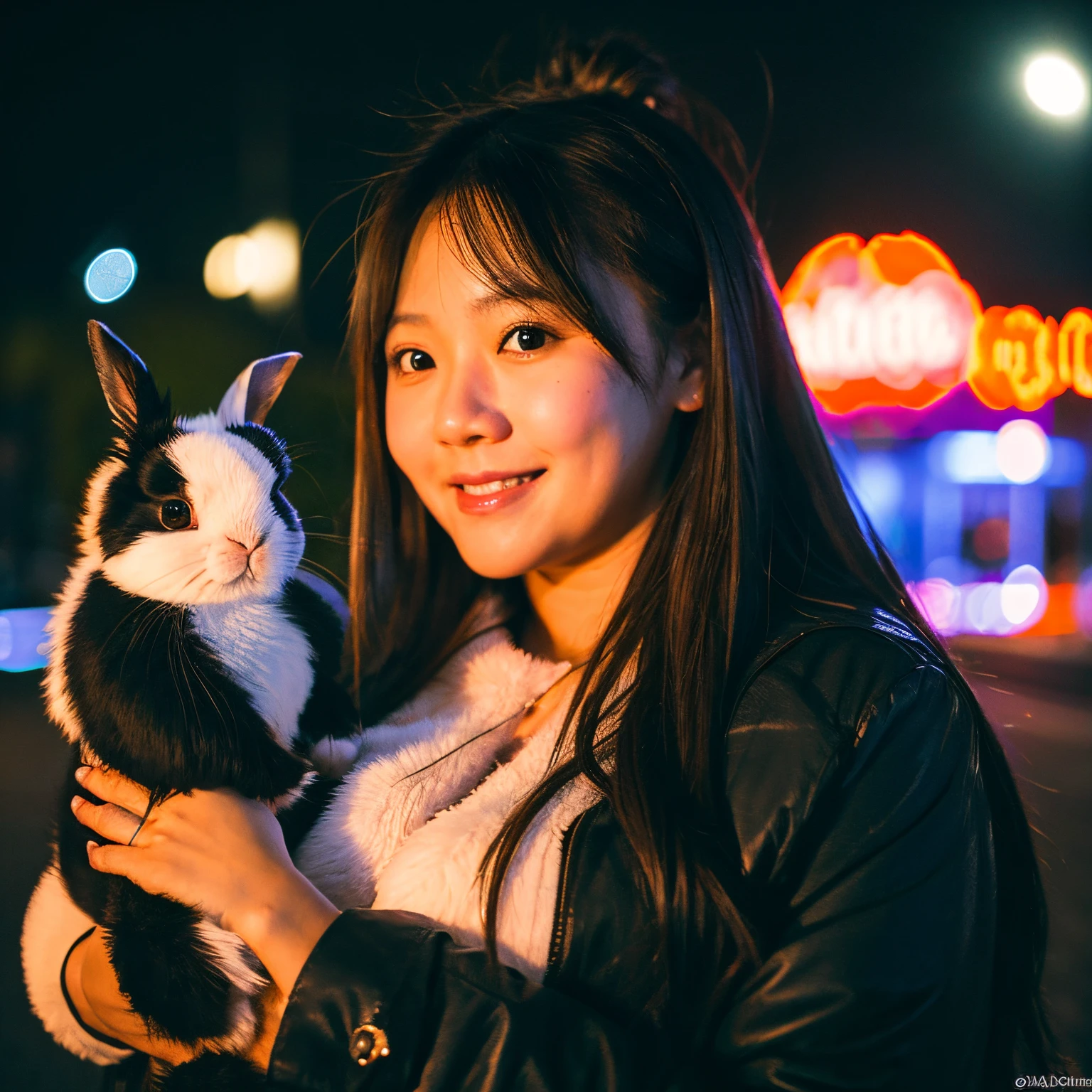 Chubby pinay topless holding a holland lop bunny in the dark night street