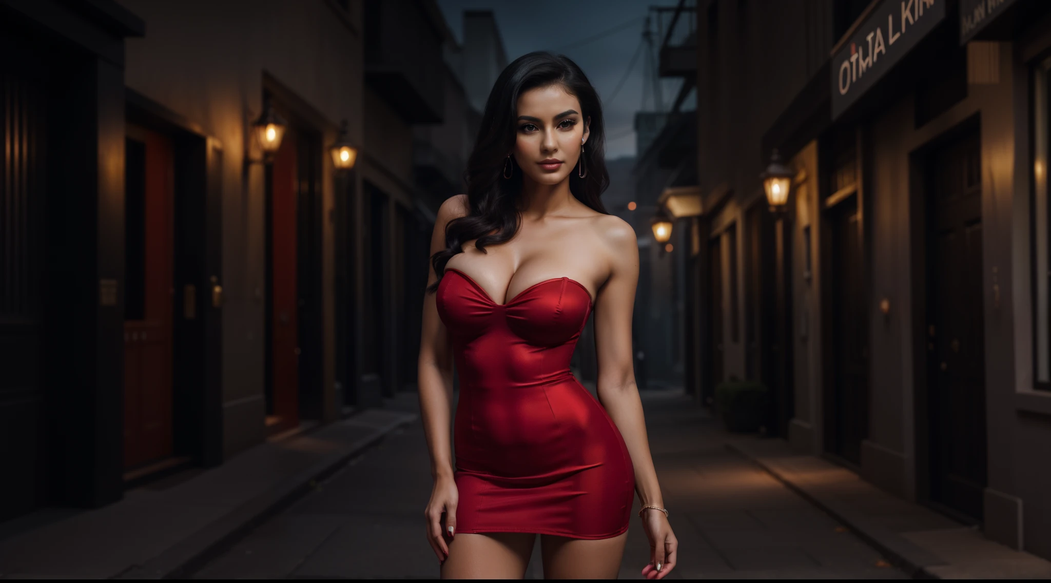 a female fatale with striking features,dangerous and seductive gaze,((standing (alone:1.4) in a dimly lit alley:1.4)),((full-body:1.4, cinematic-shot)),(best quality,4k,8k,highres,masterpiece:1.2),ultra-detailed,(realistic,photorealistic,photo-realistic:1.37),(film grain:1.3).

[(1girl),(solo),((1 person)),(25years-old),[Raiana-Elizabeth-Dilla],pearl skin,(skin pores:1.1),beautiful detailed eyes,beautiful detailed lips,extremely detailed eyes,longeyelashes,extremely detailed face and skin texture,(skin texture:1.1),black hair,tall and slender body,(192cm tall),thin and delicate figure,graceful posture,flawless skin,defined abs,perfect curves,beautiful long legs,(cleavage breasts,large breasts:1.4),((wearing a sexy (red ultra-short vintage strapless minidress:1.4))),extremely detailed and realistic (red) clothes,(shiny skin),((sharp focus:1.5)),(earringeathers:1.5),(charming smile,flawless complexion,red lipstick and smoky eye makeup,)].

[shrouded in mystery and allure].

Official art,extremely detailed,(ultra-dark:1.6) and intriguing atmosphere,expertly executed oil painting,contrasting light and shadow,accentuated facial features,vibrant colors,subtle film noir aesthetic,Angelic ethereal beauty,award-winning photography,professional photography,depth-of-field,bokeh.