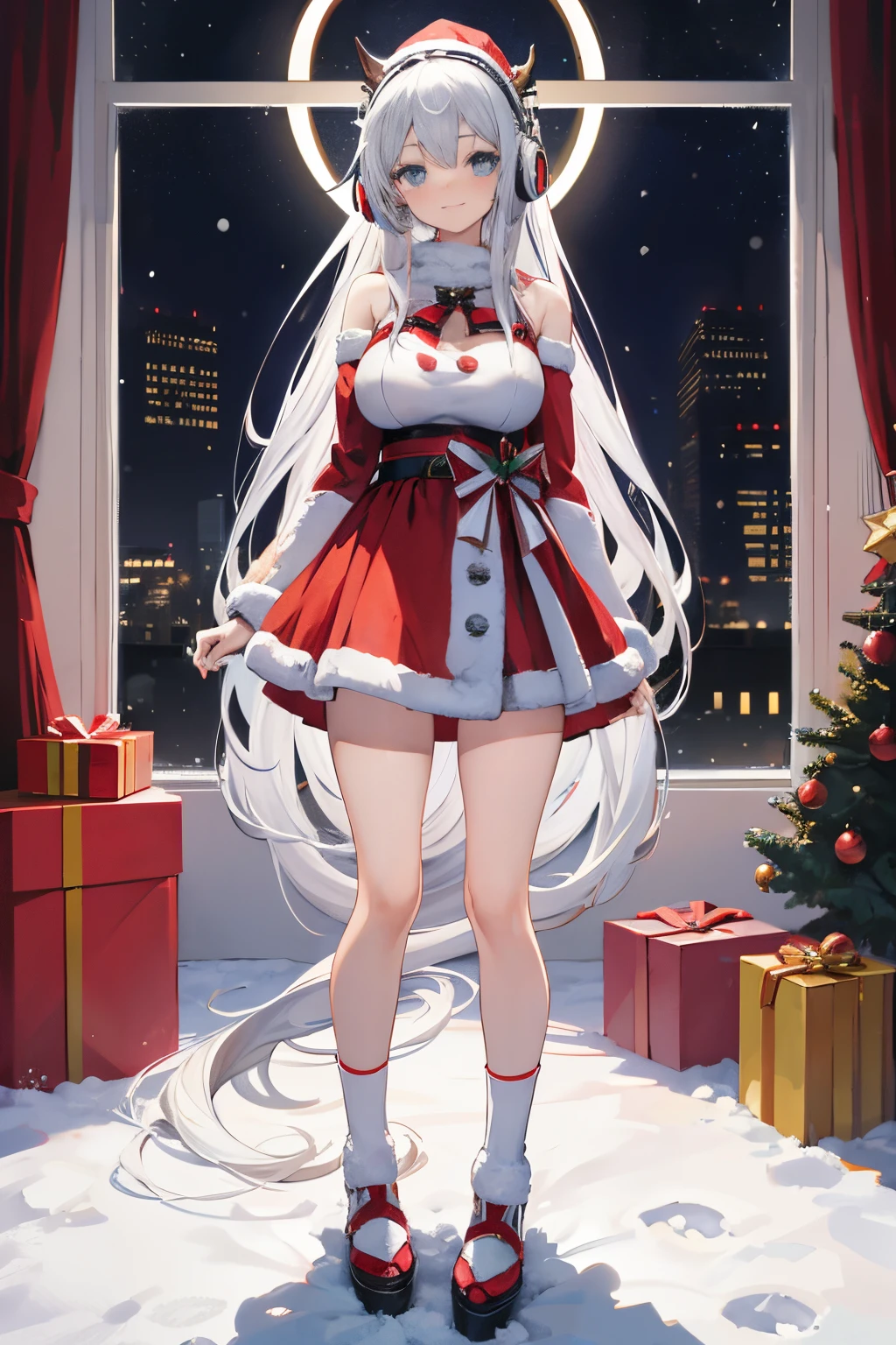 "anime girl, 1 person, silver white hair mixed with black, blue eyes, wearing headphones, Santa shirt, Santa outfit, Christmas outfit, winter outfit, red winter dress, big breasts,  long socks, standing cross-legged, smiling shyly, blushing, looking sideways, cold winter, snowing, suitable for Christmas gifts, Christmas, solo(full HD Image 4K+)"
