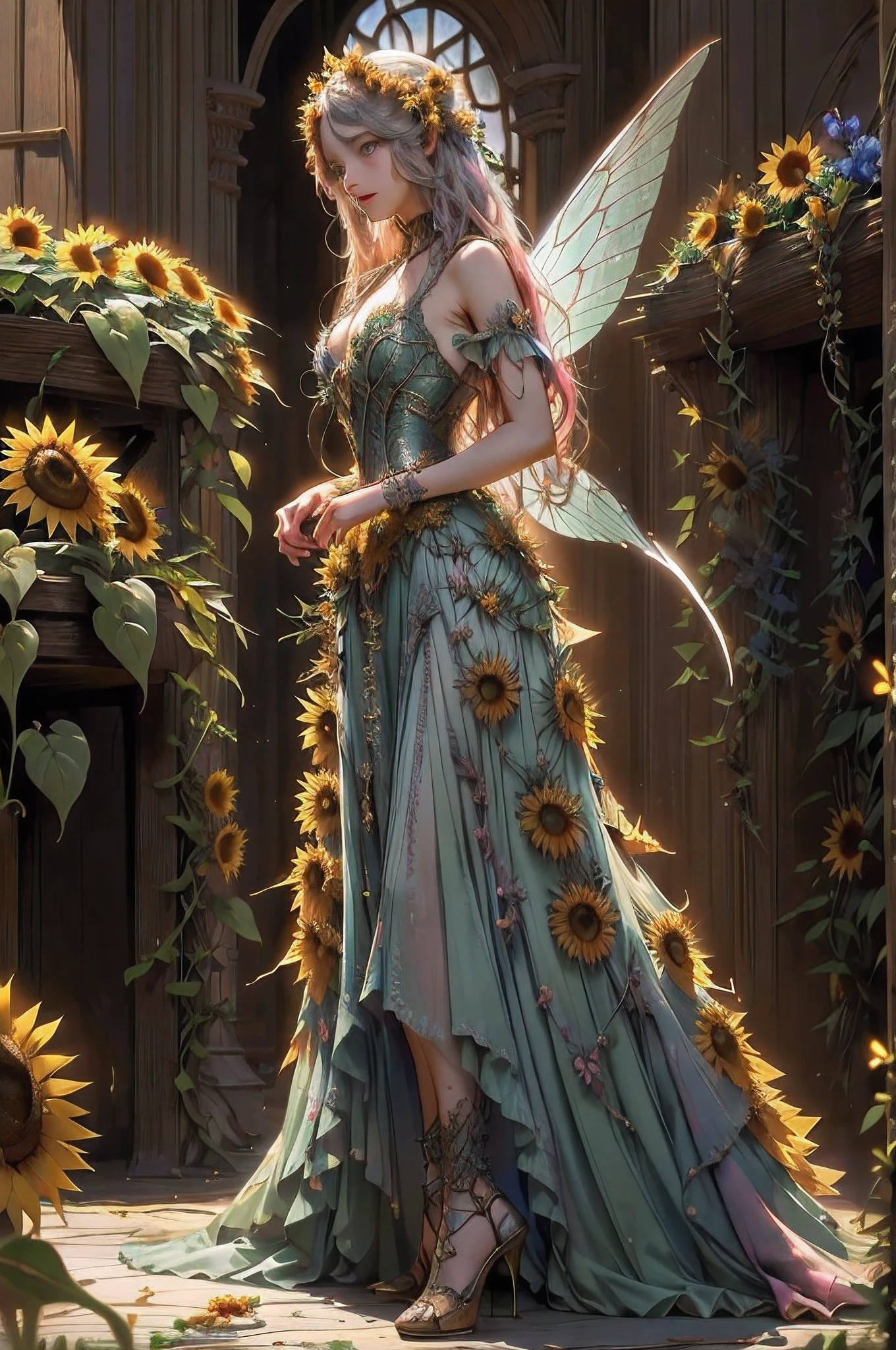 high details, best quality, 16k, RAW, [best detailed], masterpiece, best quality, (extremely detailed), GlowingRunes_red, full body, ultra wide shot, photorealistic, fantasy art, RPG art, D&D art, a picture of a fairy selling sunflowers in a florist shop, extremely beautiful fairy, ultra feminine (intense details, Masterpiece, best quality), butterfly wings (intense details, Masterpiece, best quality), blue and green wings (intense details, Masterpiece, best quality), light pink hair, long hair, shinning hair, flowing hair, shy smile, innocent smile, blue eyes, wearing bright skirt, dynamic elegant shirt, chocker, wearing high heels, in flower shop (intense details, Masterpiece, best quality), extreme many (sunflowers: 1.3) (intense details, Masterpiece, best quality), sunflower shop in a modern era street, High Detail, Ultra High Quality, High Resolution, 16K Resolution, Ultra HD Pictures, Ultra Realistic, Clear Details, Realistic Detail, Ultra High Definition