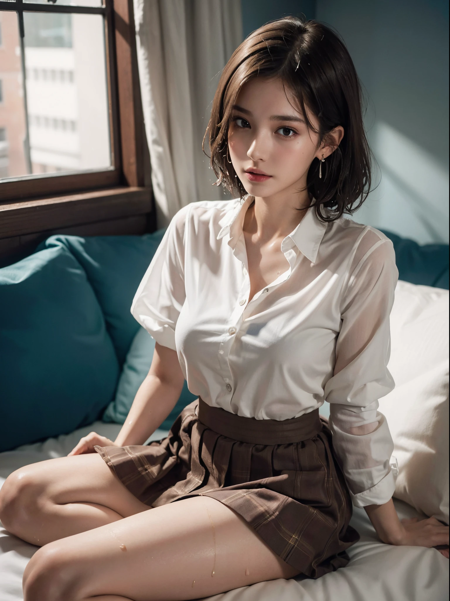 nsfw, (masterpiece), (realistic), (Highly detailed 8k), strong photo studio lighting, in the night, sitting on the bed, total body, a 20 years old gravure girl, light brown hair, brown eyes, slender, slender arms, big breasts, BREAK (white and gray theme:1.3), (wearing a white collared-shirt:1.4), BREAK (tight dark navy pencil skirt:1.5), (sheer dark navy pantyhose:1.3), opened legs, no bra, no pan, pubic hair, pointy breasts, erected nipples, (sow off pussy),