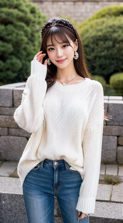 This image features Rin, a stunningly beautiful Asian woman, in a hyper-realistic and ultra-detailed style. She is strolling around the Fukuoka Castle ruins in Fukuoka City, radiating queenly elegance. Rin's long, silky, brown hair flows gently as she moves, complemented by a luxurious diamond-filled hair accessory. Her skin is porcelain white, smooth, and youthful. She wears a beautifully detailed white sweater and blue jeans, both exuding ultra-realism. Her look is completed with intricate, high-quality jewelry, including sparkling diamond earrings. The backdrop of the grand Fukuoka Castle ruins adds to the scene's majesty.