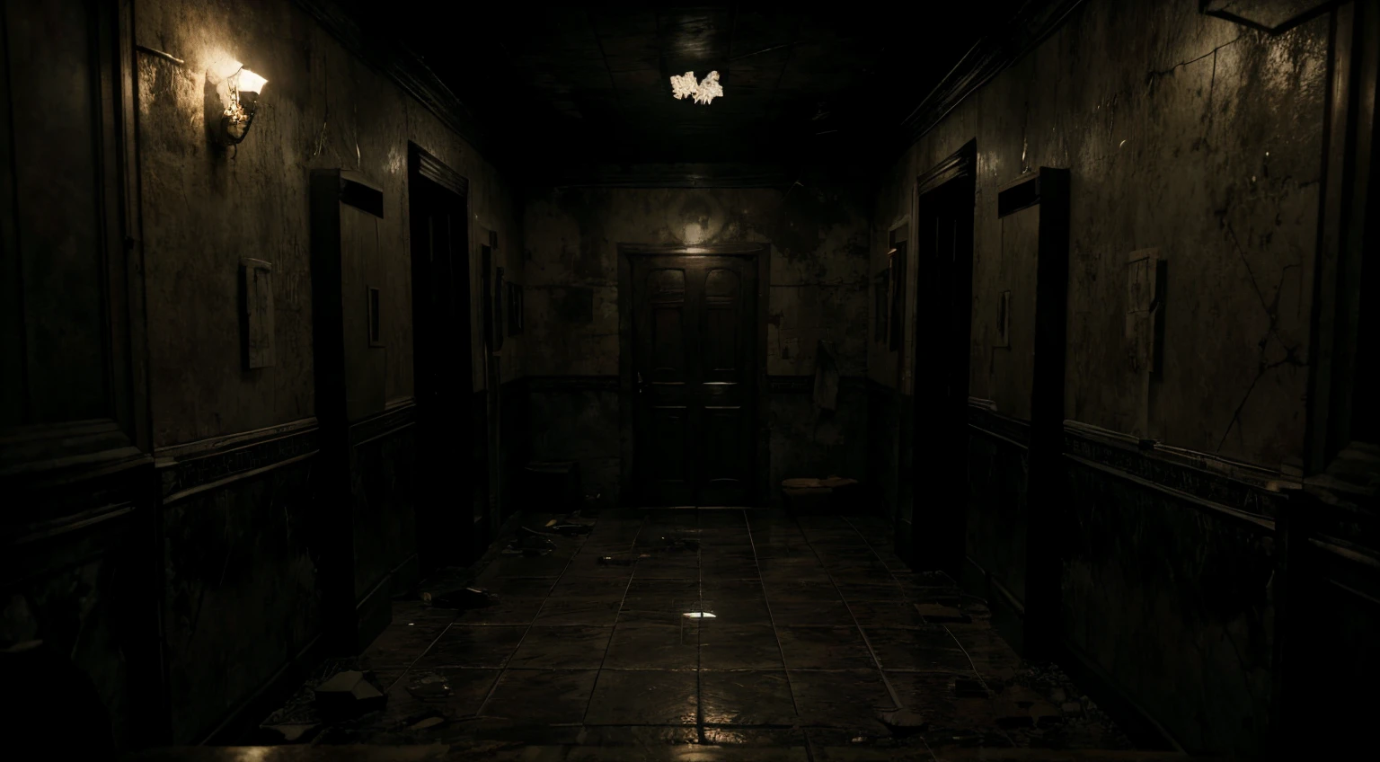 antigo banheiro estilo resident evil e sozinho no escuro, com chuveiro, top camera framing the diagonal, atmosfera de terror e suspense, Post-apocalyptic scenario, Realistic, altamente detalhado. destroyed scenery. Tempo escuro e sombrio. Pre-rendered game scenario.
