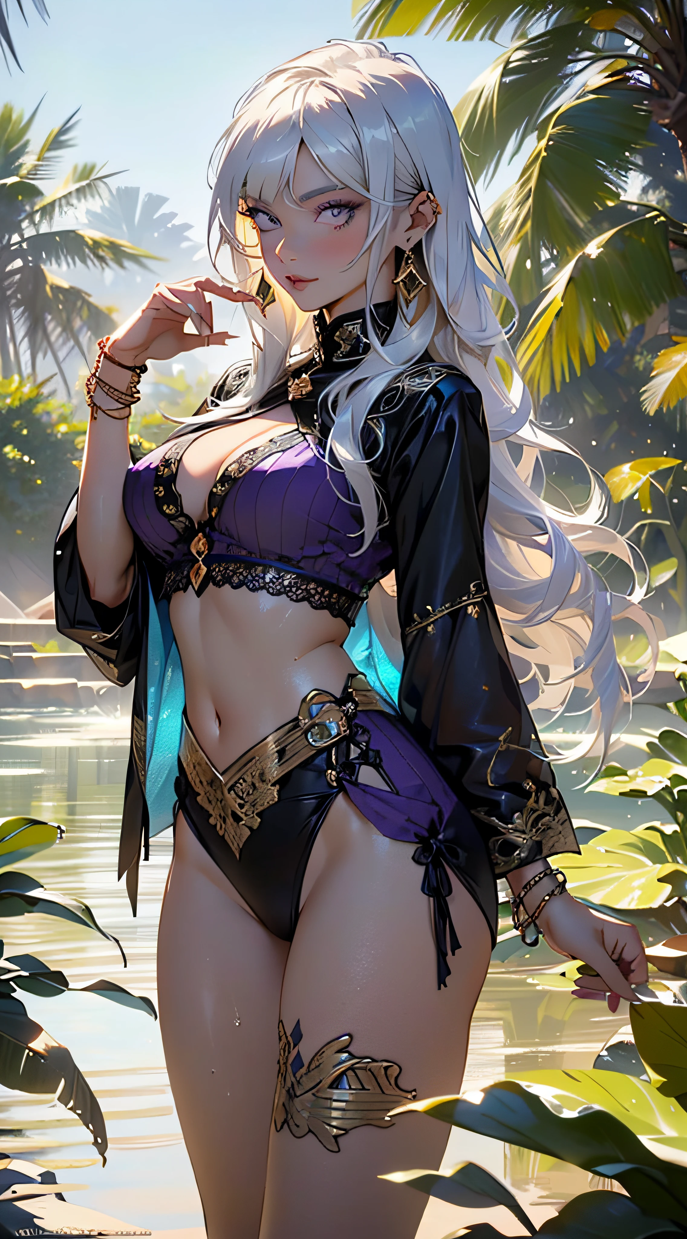 ((Nora Prescott)) arabian girl,1girl,
(large breasts:1.4),((((long brown hair,brown hair,colored inner hair)))),(((purple_eyes:1.3))),intricate eyes,beautiful detailed eyes,symmetrical eyes,((((lustrous skin:1.5,tanned skin,bright skin: 1.5,skin tanned,shiny skin,very shiny skin,shiny body,Reflective skin)))),((large breats)) (spider lower abdomen,narrow waist,wide hip,athletic body,inflated legs,thick thighs,(detailed face)),beautiful detailed lips,
cute,slutty,,seductive look,seductive,((erotic)),opulent,sumptuous,((nsfw)),
((arabian princess:1.5),Wearing a complex headscarf,Long vest,Gold embroidery and jewelry),arabian accessories,(silver jewelry in her arms),earrings,(((eyeshadow,arabian makeup,eyelid makeup))),(((black clothes,purple outfit,wet clothes,intricate outfit,embroidered outfit,ornate outfit,intricate cloth,embroidered cloth,ornate cloth))),
(dynamic pose:1.3), looking at viewer,embarrassed,centered,scale to fit dimensions,Rule of thirds,
outdoors,(egyptian palace,glass pyramid , glasspyramids in the background),scenery,(oasis,oasis background),extremely scenery,(puddles everywhere,moss,moss on the background),clouds,Egypt style,Egypt castle,lily pads,palms,reeds,(sunset, golden hour),
(Glossy Egyptian ornaments),(top-quality,8K,32K,masterpiece),high resolution,(Photorealistic:1.4),Ray tracing,Sun glare,depth of fields,By backlight effect,Add depth to your screen,(((vibrant colors,vibrant theme))),(intricate),(high contrast,photorealistic artwork:1.37),(best quality,4k,highres,masterpiece:1.2),ultra-detailed,(realistic,photorealistic,photo-realistic:1.37),professional,