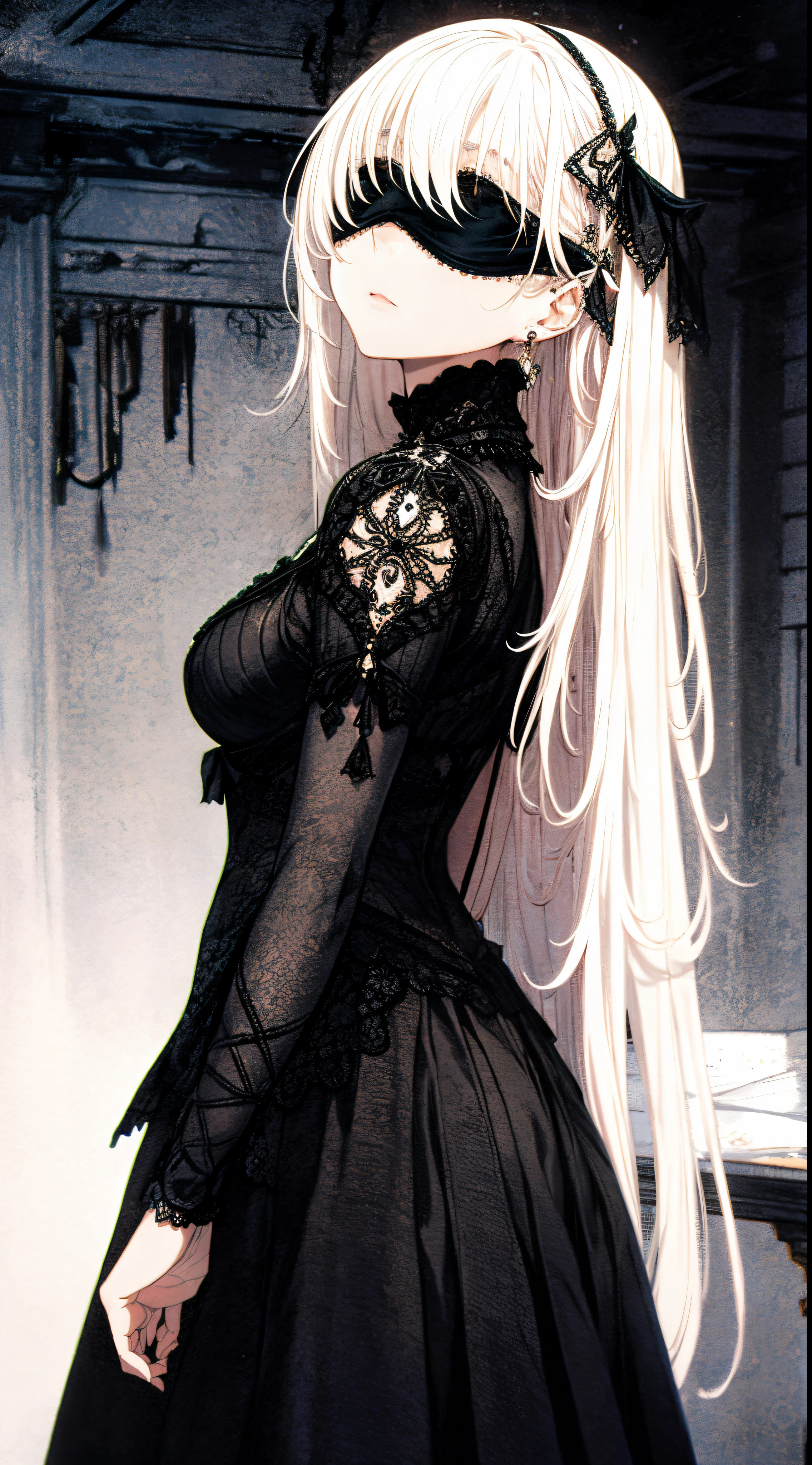 A beautiful anime-style girl with long hair and a purple flower、A beautiful girl with a glamorous body who lives in the dark graveyard、A beautiful immoral girl in a provocative black and grey dress、Crow、ghost、Undead。