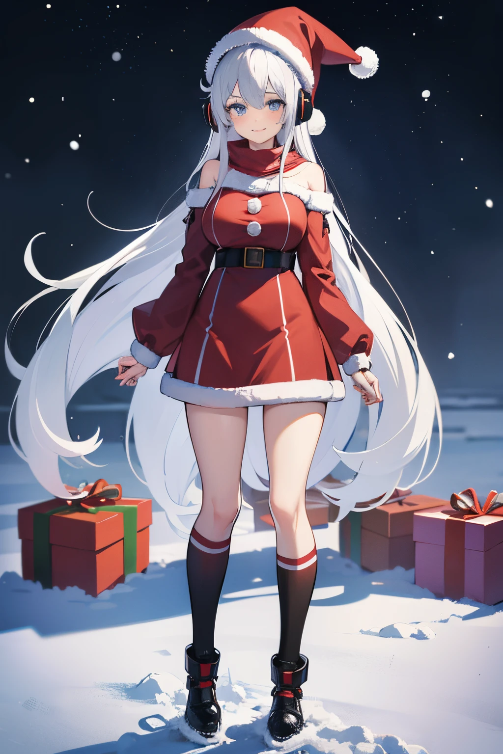 "anime girl, 1 person, silver white hair mixed with black, blue eyes, wearing headphones, Santa shirt, Santa outfit, Christmas outfit, winter outfit, red winter dress, big breasts, long socks, standing cross-legged, smiling shyly, blushing, looking sideways, cold winter, snowing, suitable for Christmas gifts, Christmas, solo(full HD Image 4K+)"