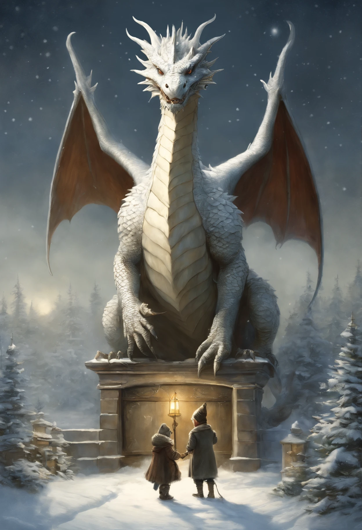 真实感, dark fantasy style, John Tolkien style, Small painting by Jean-Baptiste Monge, winter, Snow is falling, huge christmas tree, a huge white dragon in the center lights up a star on the Christmas tree, dragon hugs the Christmas tree, large white dragon with a golden crest - boy, anatomically correctly drawn body, Looks like an ancient dragon, The city, megalopolis, city trail, Big Christmas tree, glass skyscraper, Jean-Baptiste Monge, anthropomorphic --ar 2:3 --testp -optimistic;