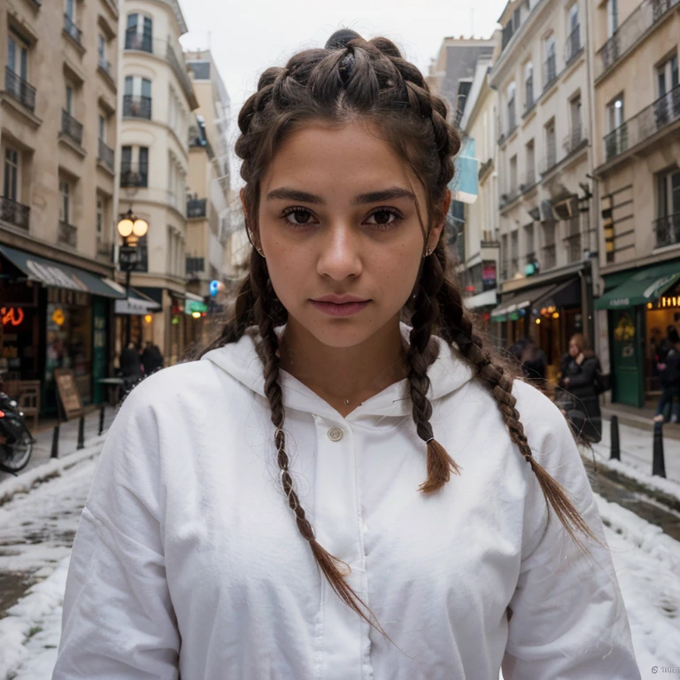 Influenciadora digital, Uma mulher negra cerca de 20 anos, hair with braids, retrato em close-up, hazelnut eyes, olhar encantador, roupa de frio branca, em paris, na rua, neve caindo, bom humor, paris city scenery, Fotografia RAW, 8k, , master part, corpo inteiro, Qualidade Superior, Poro Fino, Realistic, fotorrealista, ultra detalhado