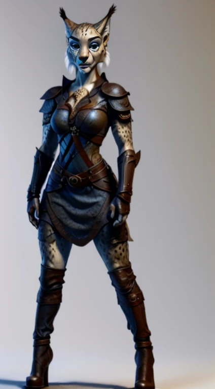 (Kajiit:1)(Assassin:1), (adult woman:1.33), standing, full body, leather boots, dark pants, dark gloves, dark uniform, medieval knight armor, single character concept art ((solo)), RPG fantasy medieval illustration, ((lower body revealed from thighs to feet)), ((legs revealed from thighs to feet)), ((no background_with a pure white background)), ((simple background)), a seductive fitness woman, charming perfect sexy figure, sexy seductive, ideal body shapes, body glare, big thighs, beautiful cute face, pretty detail eyes, blue colored eyes, beautiful detailed lips, extremely detailed eyes and face, fighting facial expression, khajiit girl beautiful, anthropomorphic lynx girl, lynx ears, spotted white-like skin color, skin color-dark