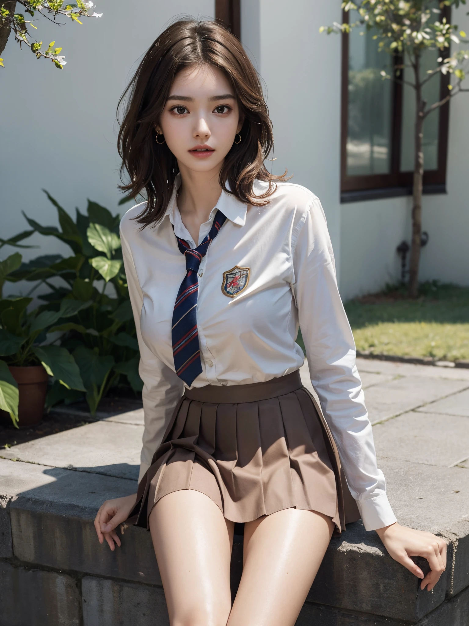 absurdres, RAW photo, extremely delicate and beautiful, masterpiece, Best Quality, ultra high resolution, 16k, hyperrealistic, ultra-detailed, perfect anatomy, super Detailed skin, perfect figure, Very detailed CG 8k wallpaper, in her 20s, very Slim body, narrow waist, very small head, very small face, delicate facial features, tearful mole, earring, thin legs, (very huge round breasts), (full body shot), bare legs, short hair, wavy hair, light brown hair, 1 girls, wet, ((school uniform)), blazer, skirt,