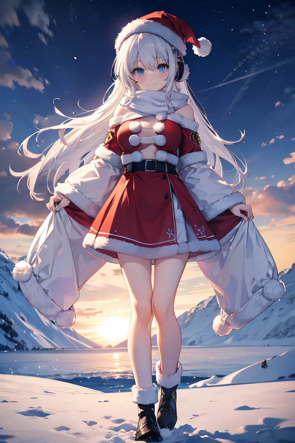 "anime girl, 1 person, silver white hair mixed with black, blue eyes, wearing headphones, Santa shirt, Santa outfit, Christmas outfit, winter outfit, red winter dress, big breasts,  long socks, standing cross-legged, smiling shyly, blushing, looking sideways, cold winter, snowing, suitable for Christmas gifts, Christmas, solo(full HD Image 4K+)"