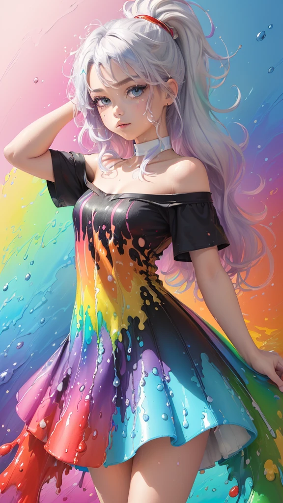 （Pink fashion T-shirt：1.9），(The color hair: 1.8), (all colors of the rainbow: 1.8),(((((Vertical painting：1.6))), （Draw one：1.6），street frontage, comic strip, illuminations, Draw one, largeeyes, crystal clear eyes,（ rainbow color gradient high ponytail：1.7）, Delicatemakeup, shut up,(Small Fresh: 1.5),(Clean: 1.6) ，Long eyelashes, white off-the-shoulder T-shirt,  white-shoulder shirt，looking at viewert, watery big eyes, (Rainbow-colored hair：1.6), splash of color, （Alone：1.8）, splash of color, Color explosion, Thick lacquer style, Messy lines, ((Shiny))，(Colorful), (Colorful), (Colorful), Colorful, Thick lacquer style, (splash) (splash of color), Vertical painting, upper part of body, paint splash, Acrylic Pigment, slope, painting of a, Highest image quality, Best quality, tmasterpiece, Alone, depth of fields, Topcoat,  colorful clothes, (Elegant: 1.2), A gorgeous one,Long gray hair, ventania, (Elegant: 1.etal: 1.4)，(((tmasterpiece))),(((Best quality))),((ultra - detailed)),(illuminations),(dynamic angle),((floating)),(painting of a),((Unkheveled hair)),(Alone),(1 sister) , (((详细的脸))),((beautiful  detailed face)),collars,shoulder,White hair, ((The color hair)),((Striped hair)),beautidful eyes,(Gradient color eyes),(((Colored eyes))),(((coloured background))),(((high saturated))),(((Surrounded by colorful water splashes))),