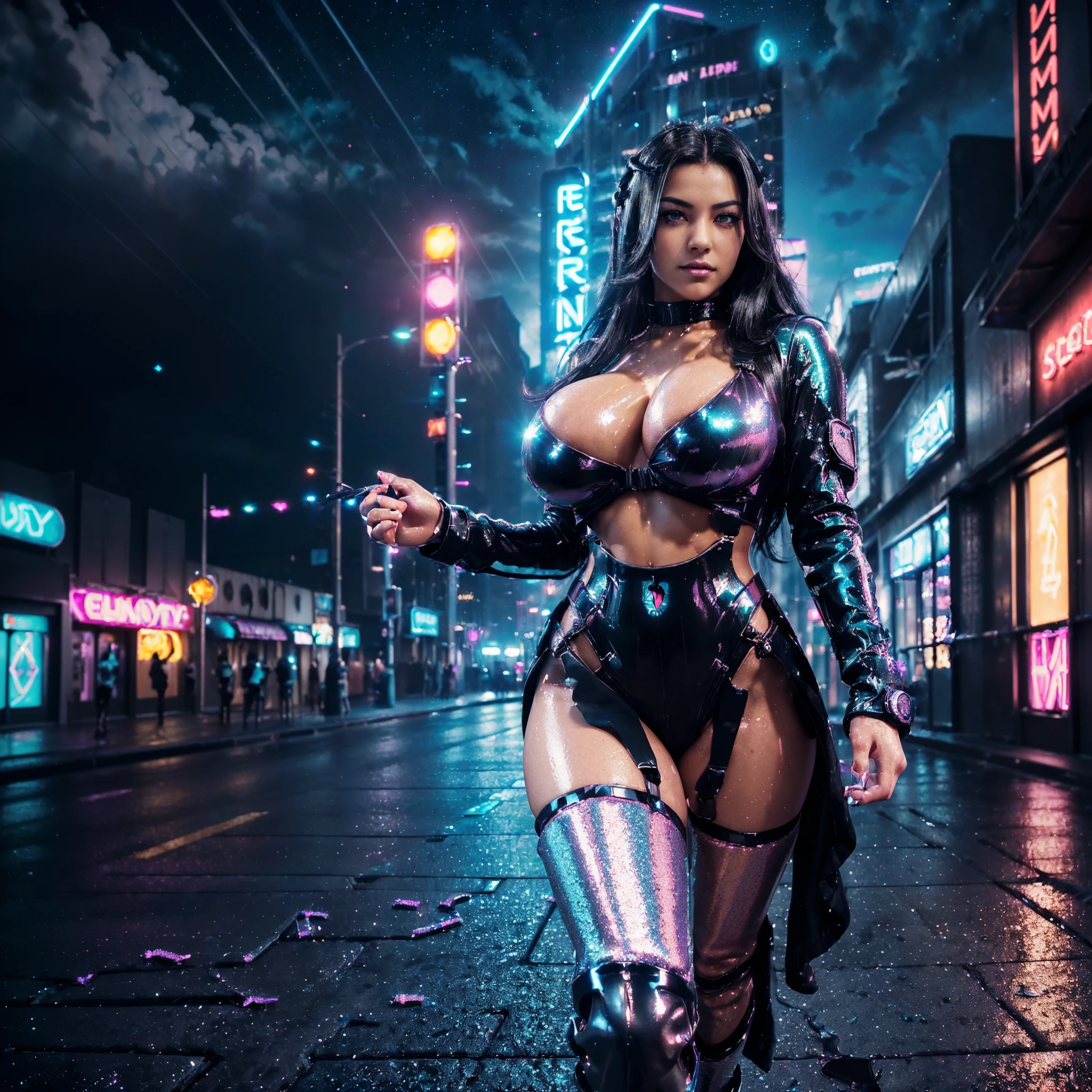 girl bounty hunter,(((1 girl))),((caucasian girl with extremely cute and beautiful black hair walking seductively down the street)),
(large breasts:1.4),saggy breastlack hair:1.35,straight hair,long hair:1.4,colored inner hair,ear breathing,ponytail hair,long hair,dark hair,black hair,long braid,coloured inner hair))),((aqua eyes:1.3,upturned eyes:1.perfect eyes,beautiful detailed eyes,gradient eyes:1,finely detailed beautiful eyes:1,symmetrical eyes:1,big highlight on eyes:1.2)),((fat)),((((pale skin,lustrous skin:1.5,bright skin:1.5,shiny skin,very shiny skin,shiny body,plastic glitter skin,exaggerated shiny skin,shiny skin like ebony))),(spider lower abdomen,narrow waist,wide hip,athletic body,inflated legs,delicate detailed fingers,detailed body,detailed arms,human hands,(detailed face)),
cute,slutty,seductive,erotic,(((nsfw))),
zettai ryouiki,revealing clothing,show skin,((bounty hunter outfit,visible thong straps)),(wearing a bounty hunter outfit:1.3,bounty hunter clothes),(detailed outfit,detailed clothes),
(dynamic pose:1.0),solo focus,((evil smile,evil look)),centered,scale to fit dimensions,Rule of thirds,(YES NSFW),
outdoors,((night view)),(very pretty city neon synthwave,cyberpunk night street Background:1.5,dark sky,thick clouduture vehicles,((neon lights)),thick clouds,(cyberpunk style,neon lights, (synthwave theme background), lonely street),(((detailed background:1.25))),
(best quality),(high resolution),(sharp focus),(ultra detailed),(extremely detailed),(extremely high quality artwork),8k_wallpaper,(extremely detailed CG 8k),(very fine 8K CG),((hyper super ultra detailed perfect piece)),flawlesasterpiece))),illustration,vibrant colors,(intricate),High contrast,Selective lighting,Double exposure,HDR (High Dynamic Range),Post-processing,Background blur, upskirt, photorealistic, seen from below, view from behind. flat-upskirt.