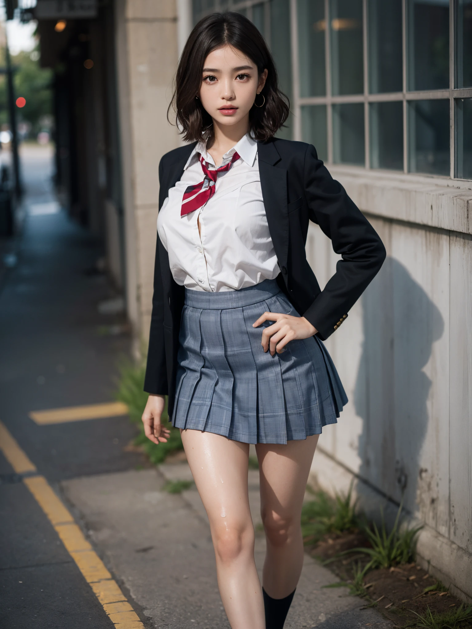 absurdres, RAW photo, extremely delicate and beautiful, masterpiece, Best Quality, ultra high resolution, 16k, hyperrealistic, ultra-detailed, perfect anatomy, super Detailed skin, perfect figure, Very detailed CG 8k wallpaper, in her 20s, very Slim body, narrow waist, very small head, very small face, delicate facial features, tearful mole, earring, thin legs, (very huge round breasts), (full body shot), bare legs, short hair, wavy hair, light brown hair, 1 girls, wet, ((school uniform)), blazer, skirt,