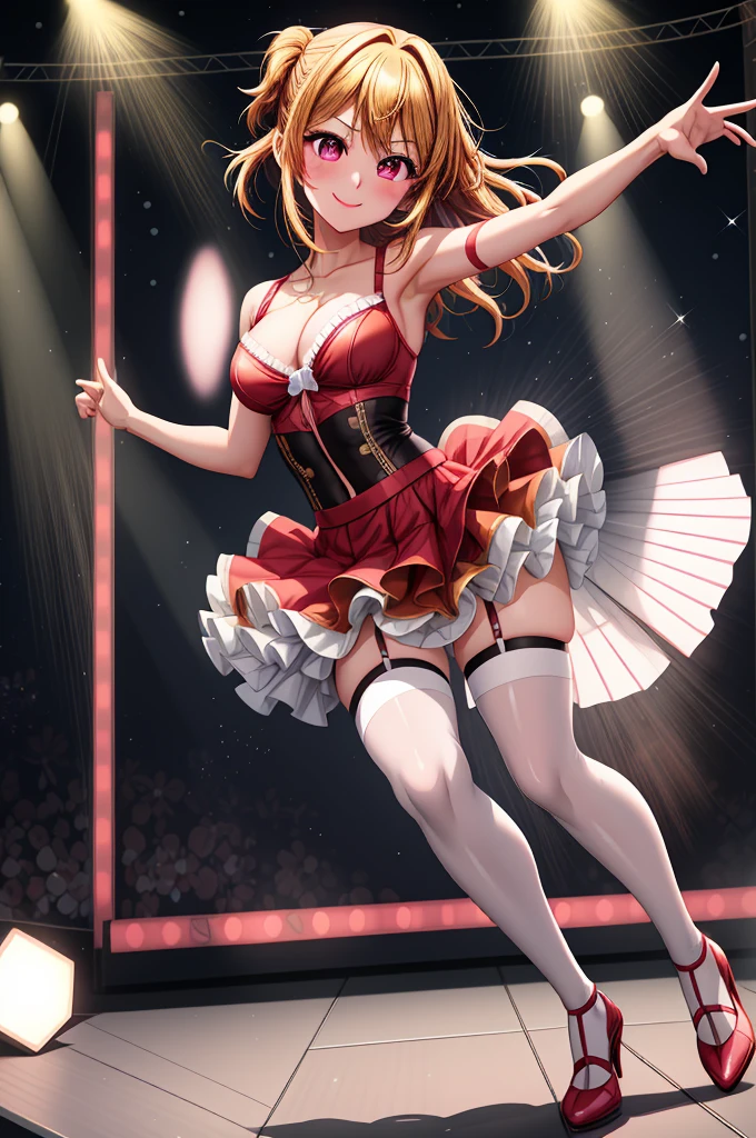 anime, beautiful face, highly detailed face, detailed perfect eyes, perfect hair, perfect lips, accurate arms, accurate hands, perfect legs accurate footware. highly detailed background, front lighting, perfect lighting, full body, 1girl, solo, ruby hoshino, ruby, oshi no ko, heels, blonde hair, thighhighs, stockings, absurdres, high res, ultrasharp, 8K, masterpiece, looking at viewer, (sexy pose:1.5), (full body:1.5), idol outfit, idol, revealing idol, skirt, cleavage, stockings, dynamic pose, full of delight, smiling full of compassion, blushed, on a stage, concert, performing on stage, cute gestures