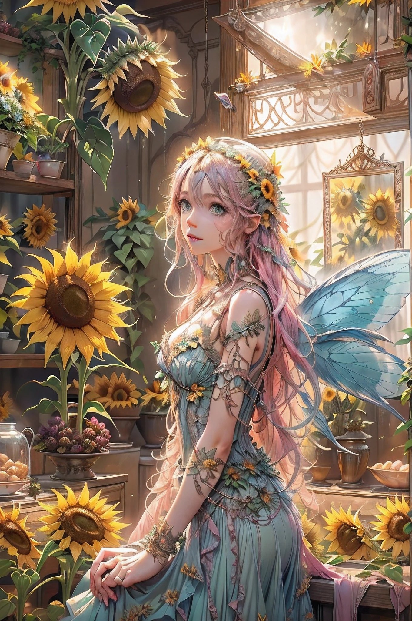 high details, best quality, 16k, RAW, [best detailed], masterpiece, best quality, (extremely detailed), GlowingRunes_red, full body, ultra wide shot, photorealistic, fantasy art, RPG art, D&D art, a picture of a fairy selling sunflowers in a florist shop, extremely beautiful fairy, ultra feminine (intense details, Masterpiece, best quality), butterfly wings (intense details, Masterpiece, best quality), blue and green wings (intense details, Masterpiece, best quality), light pink hair, long hair, shinning hair, flowing hair, shy smile, innocent smile, blue eyes, wearing bright skirt, dynamic elegant shirt, chocker, wearing high heels, in flower shop (intense details, Masterpiece, best quality), extreme many (sunflowers: 1.3) (intense details, Masterpiece, best quality), sunflower shop in a modern era street, High Detail, Ultra High Quality, High Resolution, 16K Resolution, Ultra HD Pictures, Ultra Realistic, Clear Details, Realistic Detail, Ultra High Definition