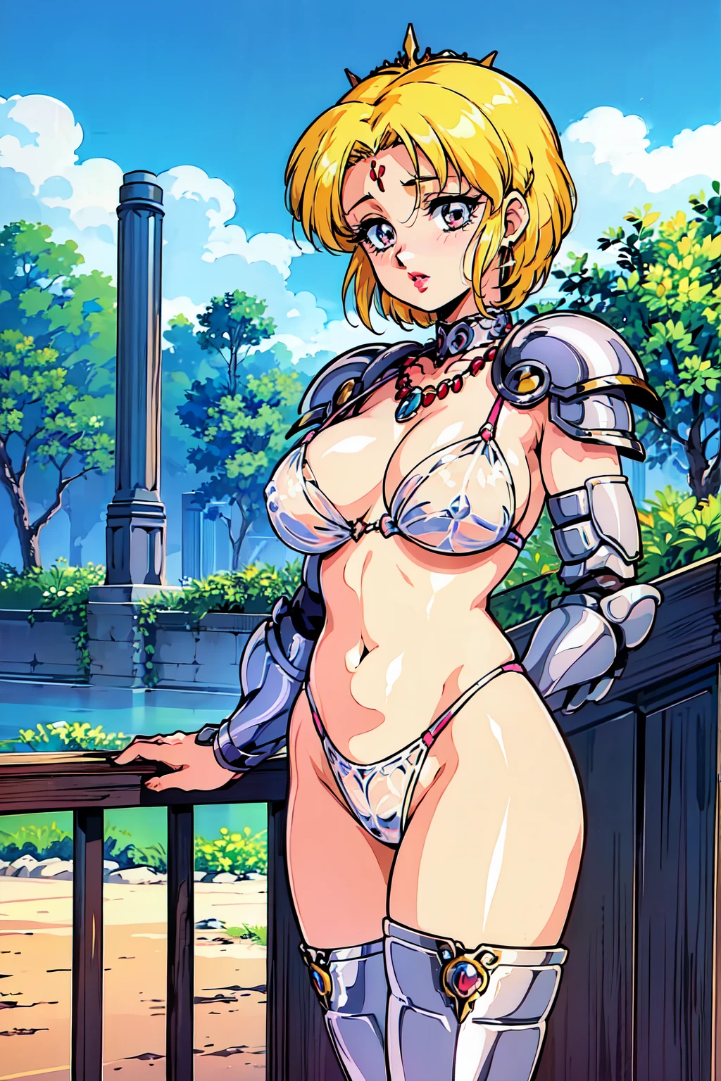 "(masterpiece:1.1), best quality,
1girl, (80s anime style:1.3), (eyelashes:1.5), (li:1.2),
(intricate high detailed body:1.2),
(yellow hair:1.1), (forehead, hair slicked back:1.2), (short hair, french braid:1.1), (tiara:1.2),
red eyes, (red lip stick:1.3),
(gigantic breasts:1.5),
(shy:1.2), (blush:1.1),
(see-through lace bikini armor:1.2),
(knight armor, armored boots:1.2), (fur:1.1), (hoop earrings:1.1), necklace,
standing, leaning forward,
(upper body, cowboy shot, looking at viewer, from front:1.1),
daytime, outdoors"