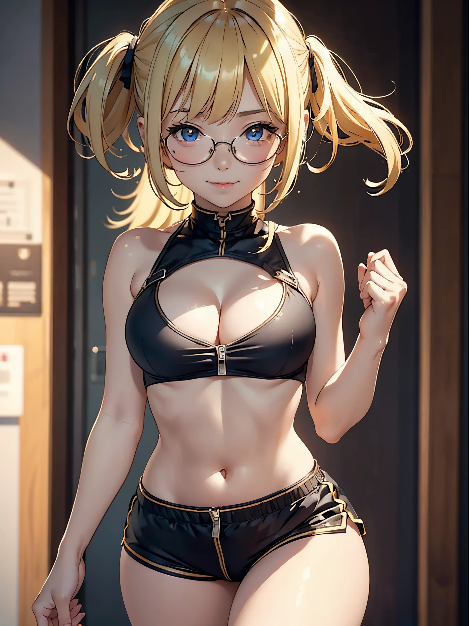 1 girl, bangs, loli body,  girl, crop top, blonde hairstyles, sexy cleavage, mouth, round breasts, ass facing viewer, back on screen, smiling, tight, micro shorts 1.8, Ultra -HD | |, 4k image, glasses, character near the camera, sensual poses