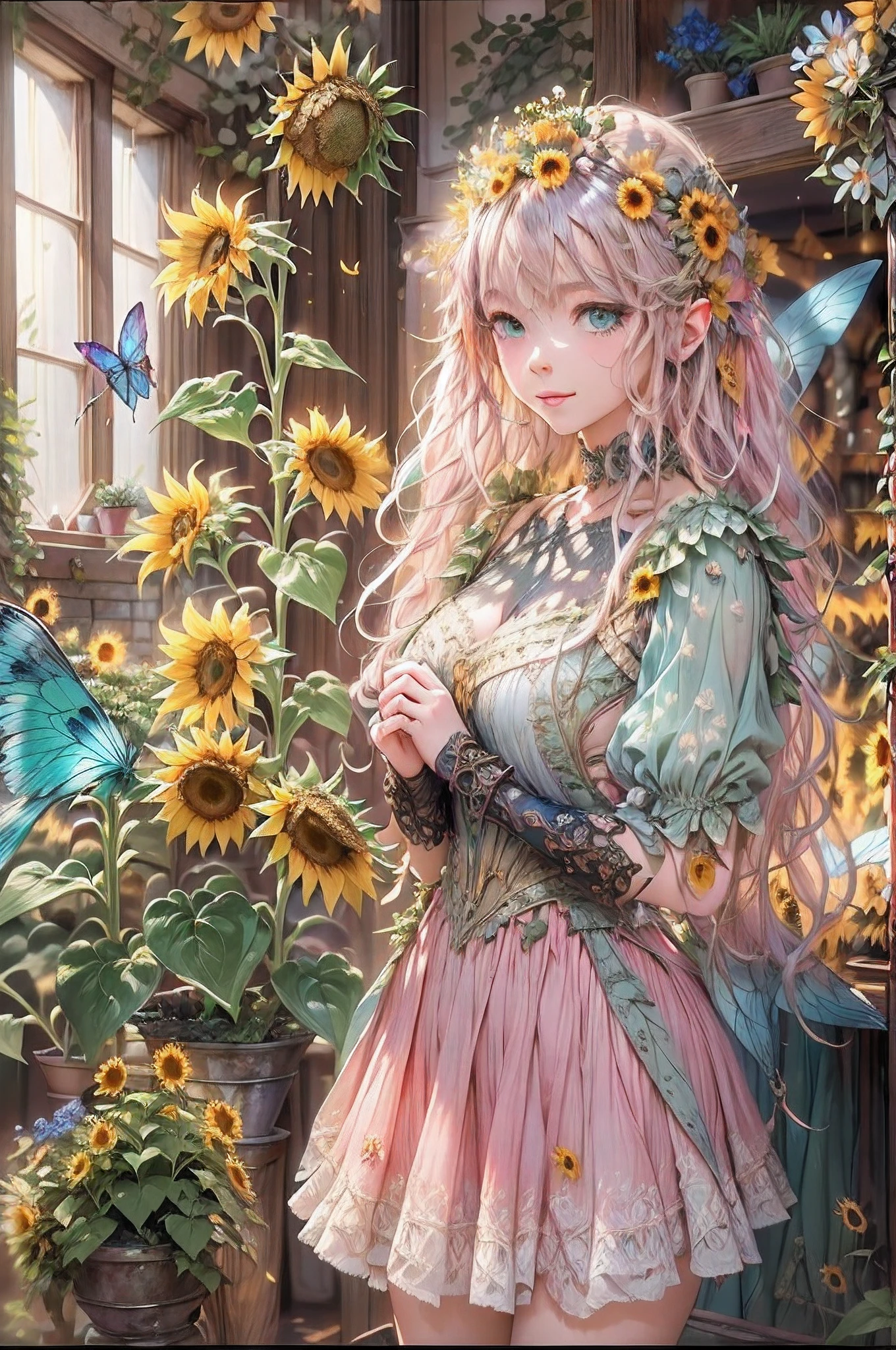 high details, best quality, 16k, RAW, [best detailed], masterpiece, best quality, (extremely detailed), GlowingRunes_red, full body, ultra wide shot, photorealistic, fantasy art, RPG art, D&D art, a picture of a fairy selling sunflowers in a florist shop, extremely beautiful fairy, ultra feminine (intense details, Masterpiece, best quality), butterfly wings (intense details, Masterpiece, best quality), blue and green wings (intense details, Masterpiece, best quality), light pink hair, long hair, shinning hair, flowing hair, shy smile, innocent smile, blue eyes, wearing bright skirt, dynamic elegant shirt, chocker, wearing high heels, in flower shop (intense details, Masterpiece, best quality), extreme many (sunflowers: 1.3) (intense details, Masterpiece, best quality), sunflower shop in a modern era street, High Detail, Ultra High Quality, High Resolution, 16K Resolution, Ultra HD Pictures, Ultra Realistic, Clear Details, Realistic Detail, Ultra High Definition